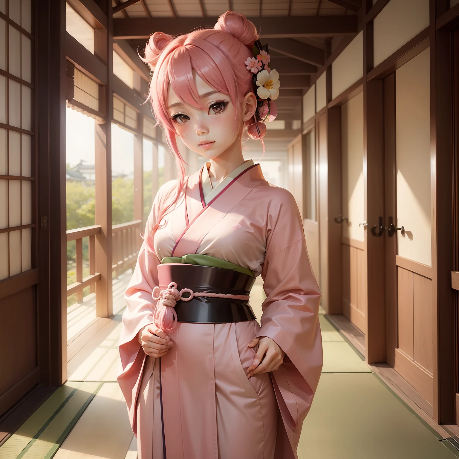 Well designed kawaii atmosphere，An anime heroine with pink hair color，Wearing a traditional kimono，It shows a strong Japanese style。