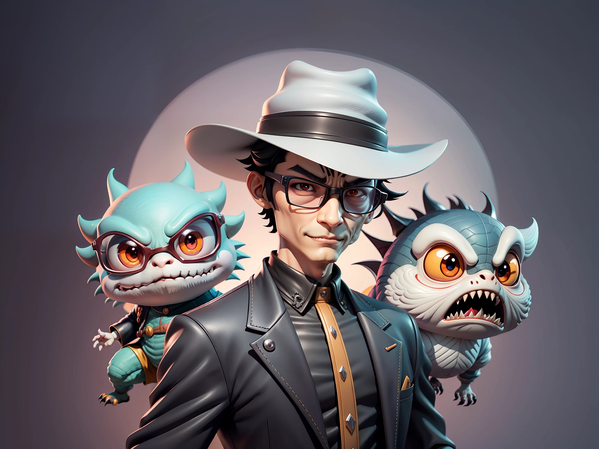 Young man with oriental face in leather hat, dragon, formal suit, short black hair, silver glasses, digital painting, 3D character design by Mark Clairedon and Pixar and Hayao Miyazaki and Akira Toriyama, the illustration is a high-definition illustration in 4K resolution with very detailed facial features and cartoon-style visuals.