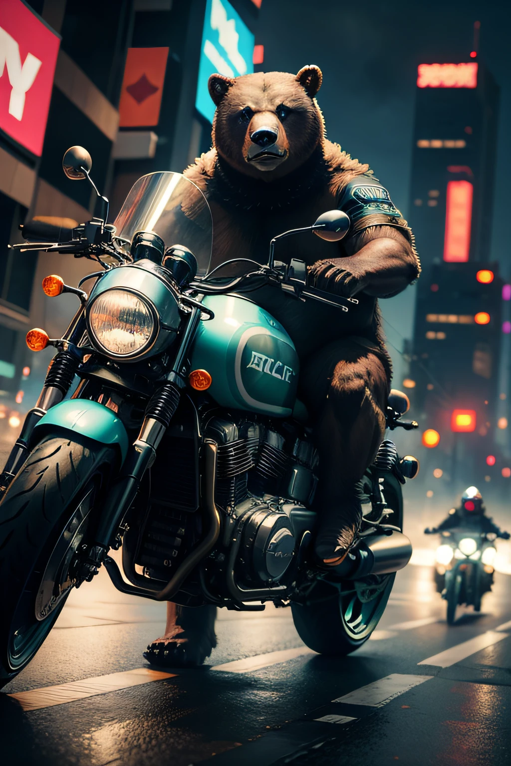 Cyberpunk bear on the run from motorcycle police
