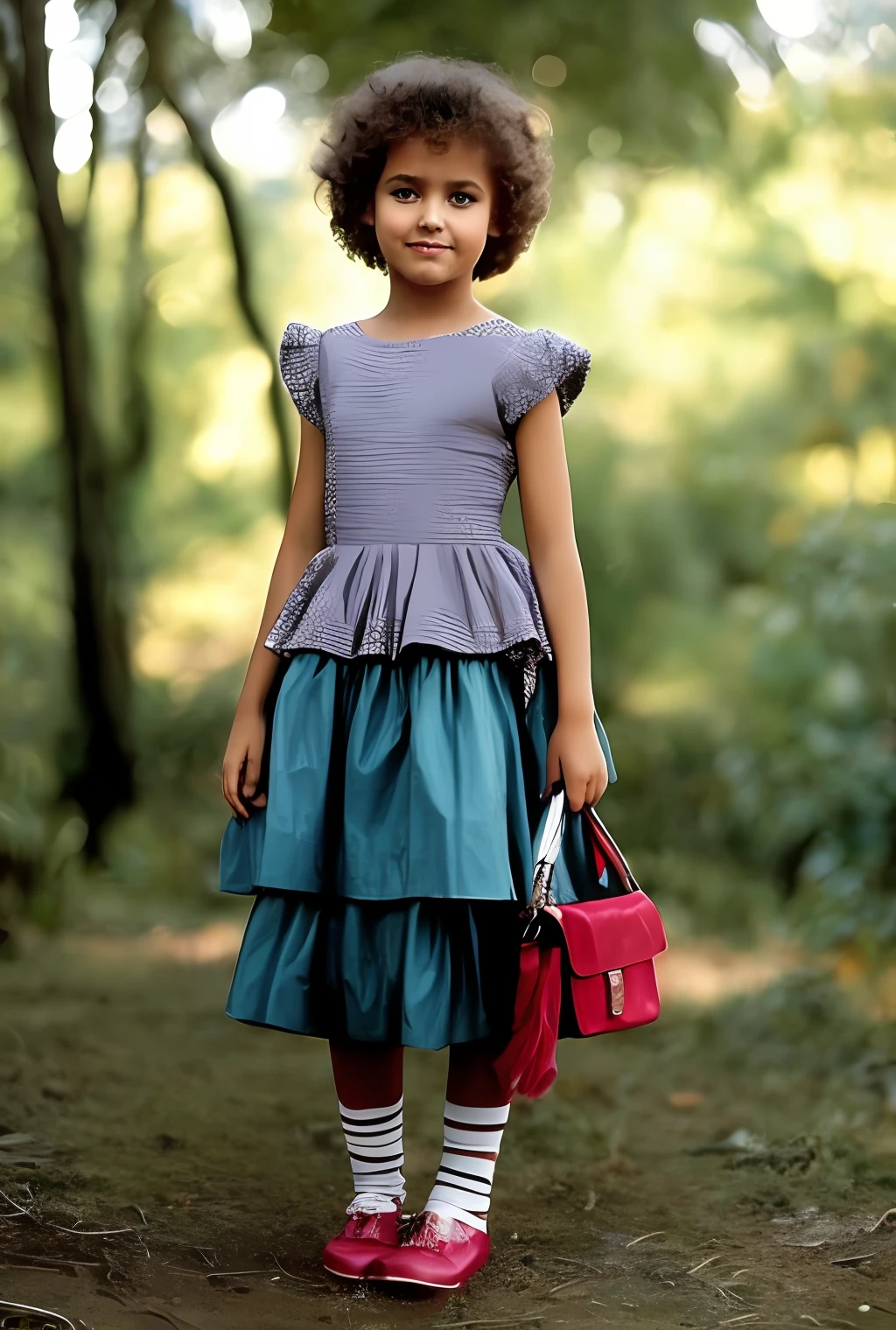 Imagem dos anos 80 Uma menina de cabelos castanhos longos  usando roupa da moda dos anos 80  caminhado pela passarela em um tapete vermelho