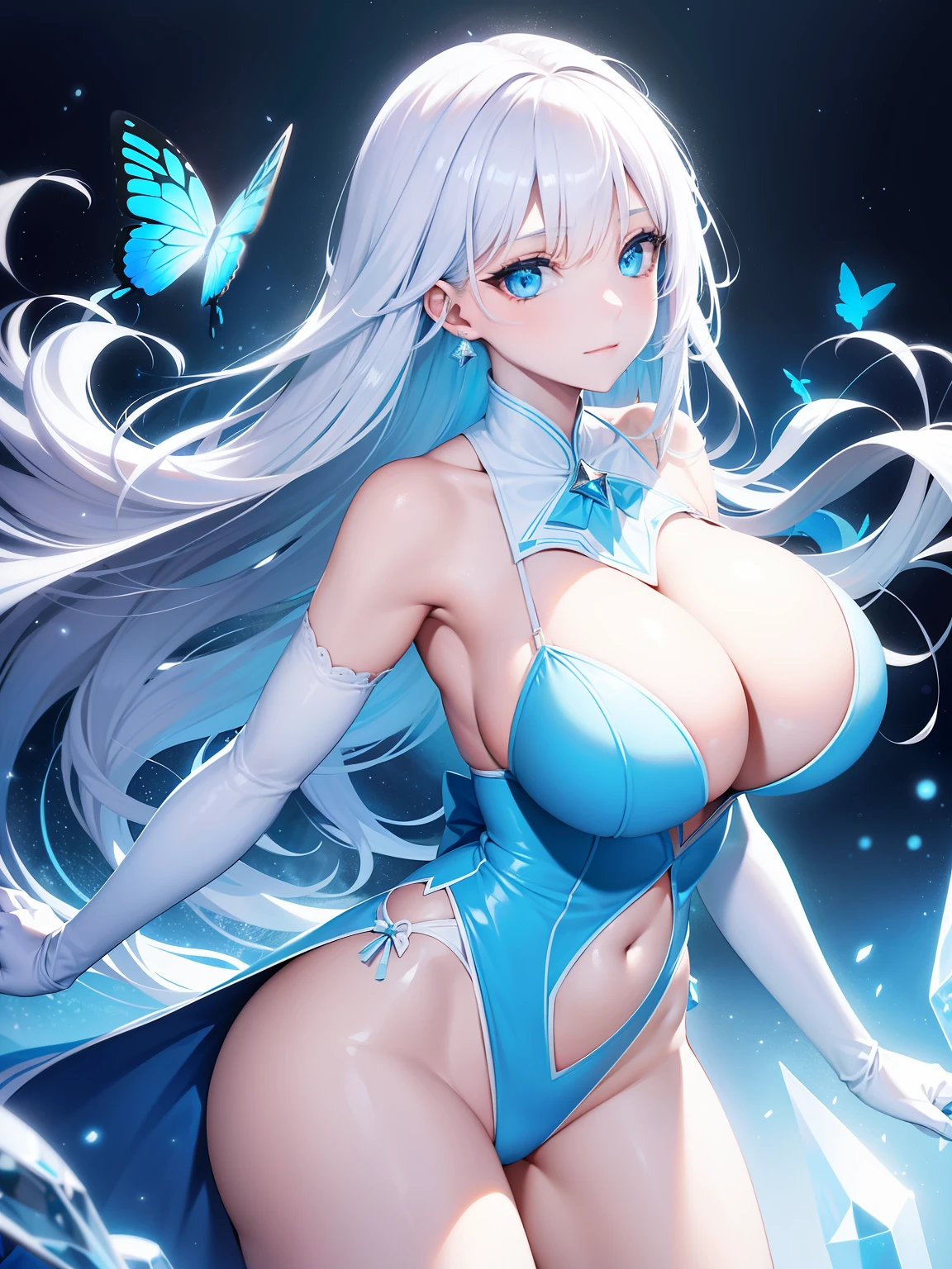 big breasts beautiful， Young woman， In the crystal and ice zone， drifting snow，  White hours，， Long white hair，blue color eyes，Flying blue butterflies， Ray traching， reflective light， bblurry， Glowing light， depth of fields， lightand shade contrast， stereograms， zoom layer， cowboy lens， f/2.8， Bokeh， tmasterpiece， best qualtiy， high qulity， k hd