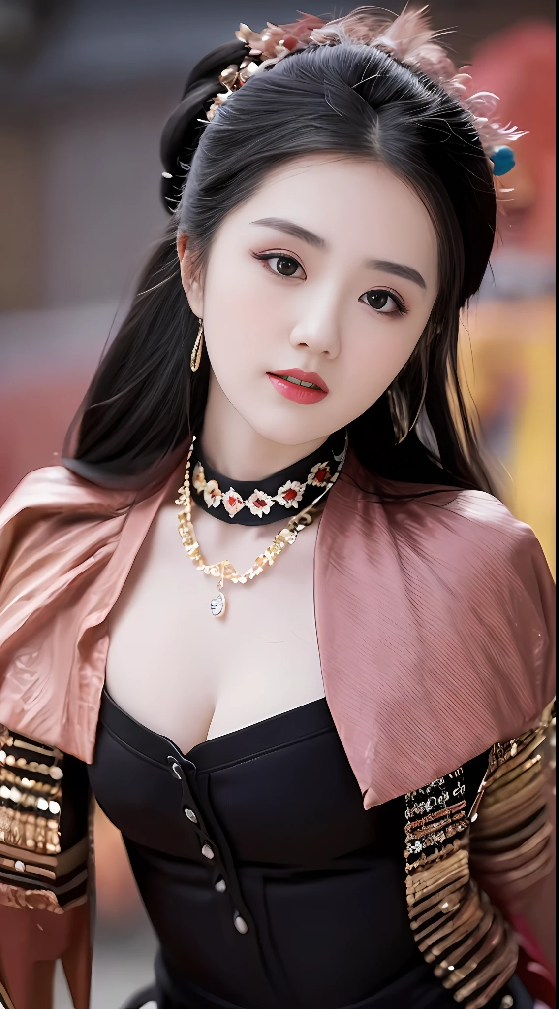 best quality, masterpiece, highres, 1girl, hanfu, lingerie china, hair ornament, necklace, jewelry, Beautiful face, upon_body, tyndall effect, photorealistic, dark studio, rim lighting, two tone lighting, (high detailed skin:1.2), 8k uhd, dslr, soft lighting, high quality, volumetric lighting, candid, Photograph, high resolution, 4k, 8k, Bokeh, (light pink lips), 1 beautiful devil woman from hell, In the Dark: 1.6), surreal female portrait by David Hockney and Alphonse Mucha, fantasy art, photorealism, dynamic lighting, artstation, volumetric lighting, very detailed faces, 8k ultra, Awarded, in the dark, deep shadow, low key, cowboy lens, (Red phoenix dress: 1.4), long hair, black hair, bust, luxurious palace, Royal style, devil crown, red eyes make up very sharp and detailed, The most beautiful face, The breasts are very big and round and round, Super realistic, chinese women's clothing, polo neck sweater, Charming smile, The eyes are very well made up, guweiz, devil style, wearing black mesh socks, Ponytail with a bow tied at the back of the hair, Red black lips, Devil tattoo on shoulder, wearing a thin red and black, robe, the landscape is overcast and thunderous, (Portrait), Close-up of the main character, (Background details 1.8),