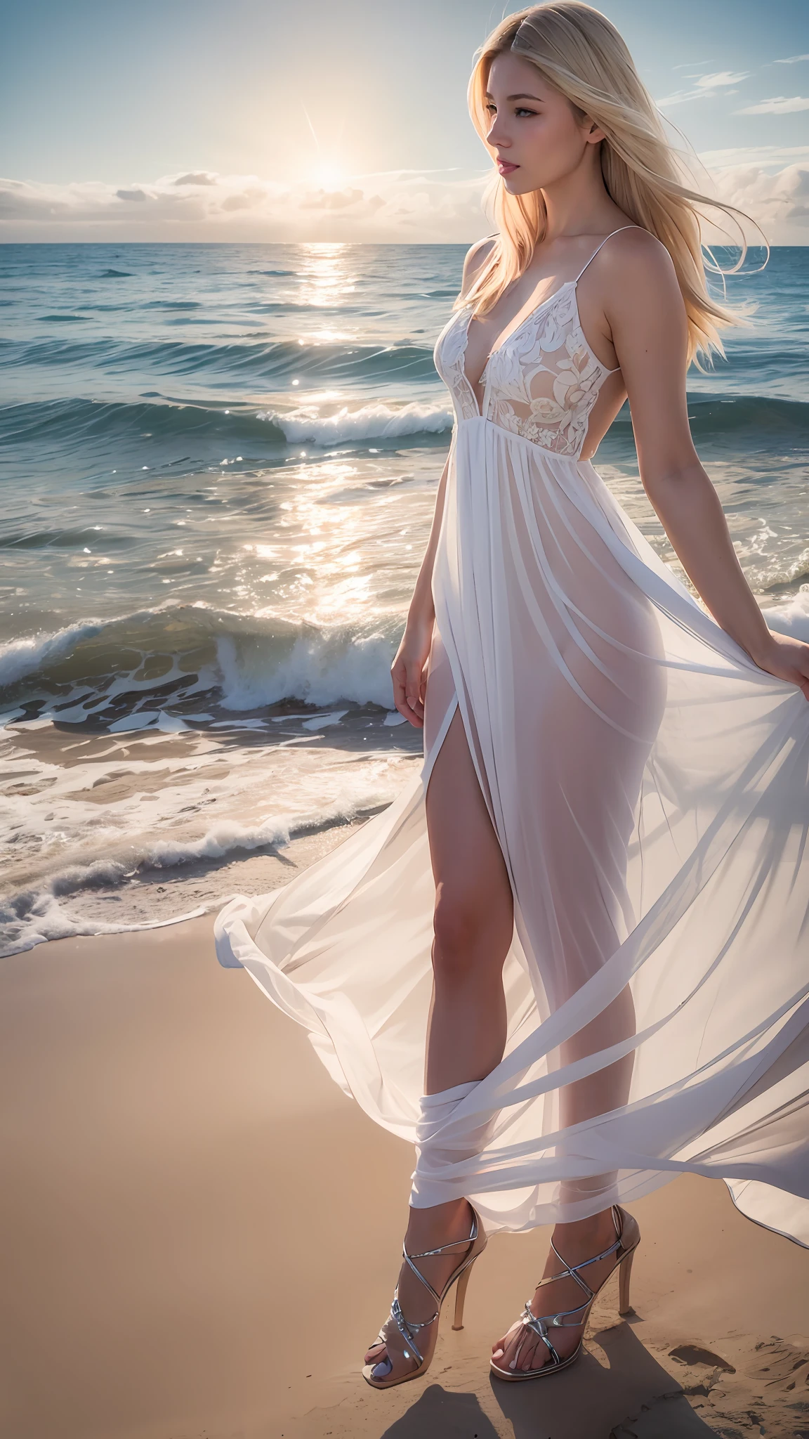 a blonde woman in a white dress, HD, realistic,Hiperrealistic, ocean background, the sun in one corner, lighting of abroad --auto --s2