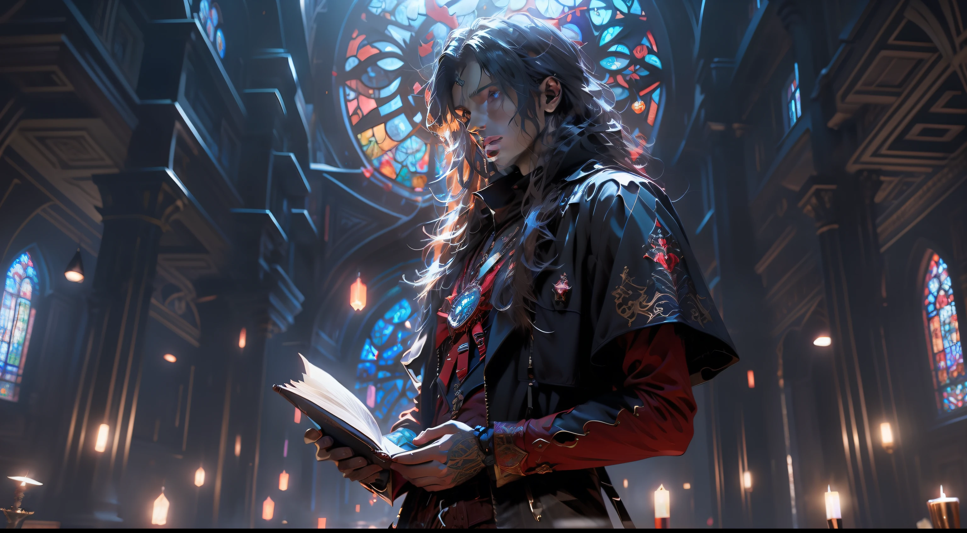 The man opened his hands,Heart of the left hand,Right-handed red crystal,A book floats on his chest,Peaceful face,The background is the Gothic Basilica,Luxurious costumes,Long cyan hair,