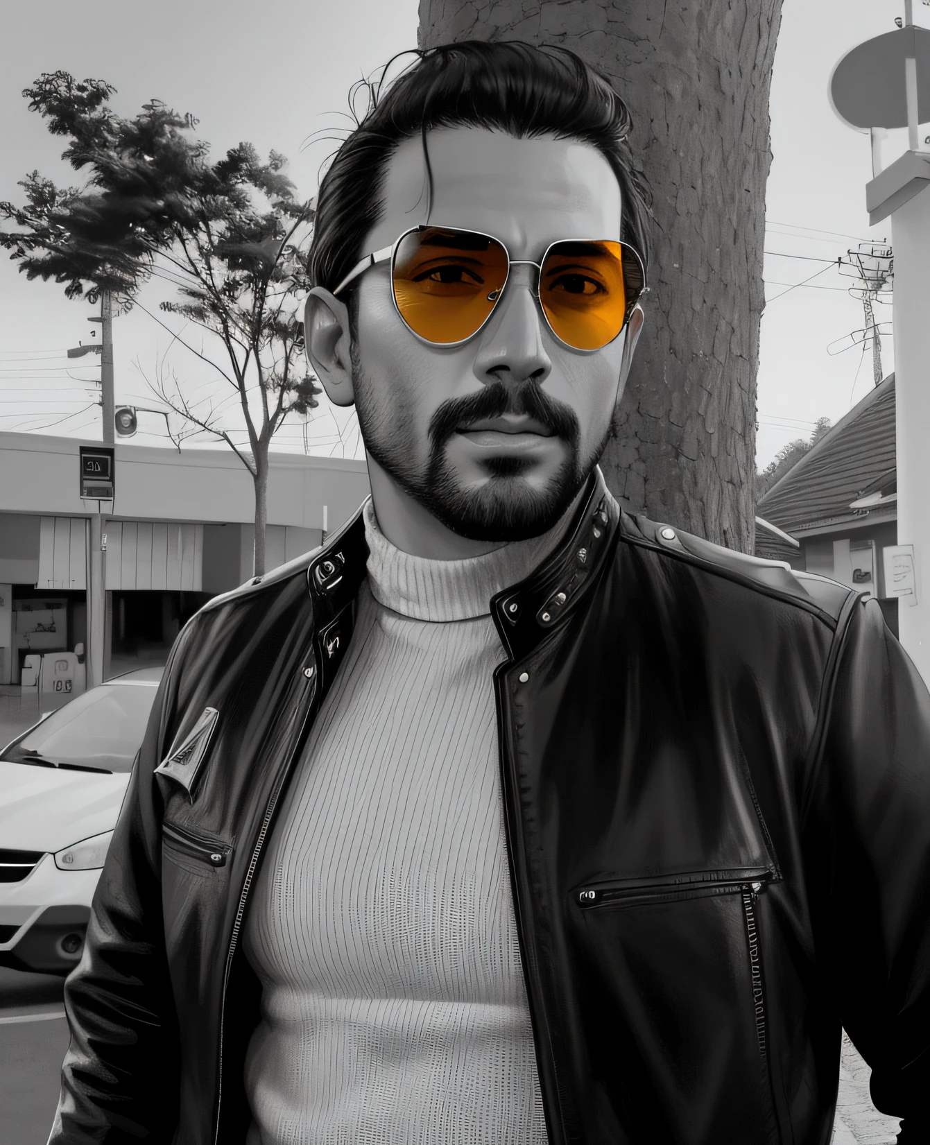Man in leather jacket and sunglasses next to a tree, with sun glasses, inspired by Oscar Rodríguez Naranjo, inspired by Germán Londoño, 7 0 s vibe, wearing orange sunglasses, inspired by Antônio Parreiras, 7 0 s estilo, with sunglasses, No estilo Kar Wai Wong, obra-prima, melhor qualidade, retrato em close-up, , realista, lighting dramatic, Atmospheric, detalhe intrincado, um, arte cyberpunk, arte funk, cores gradientes deslumbrantes, retrato estilizado h 704, pompadour, streamer twitch, cores frias. insanamente detalhado, t-800, sem assinatura de marca d'water, em cores ricas, ultrapassado