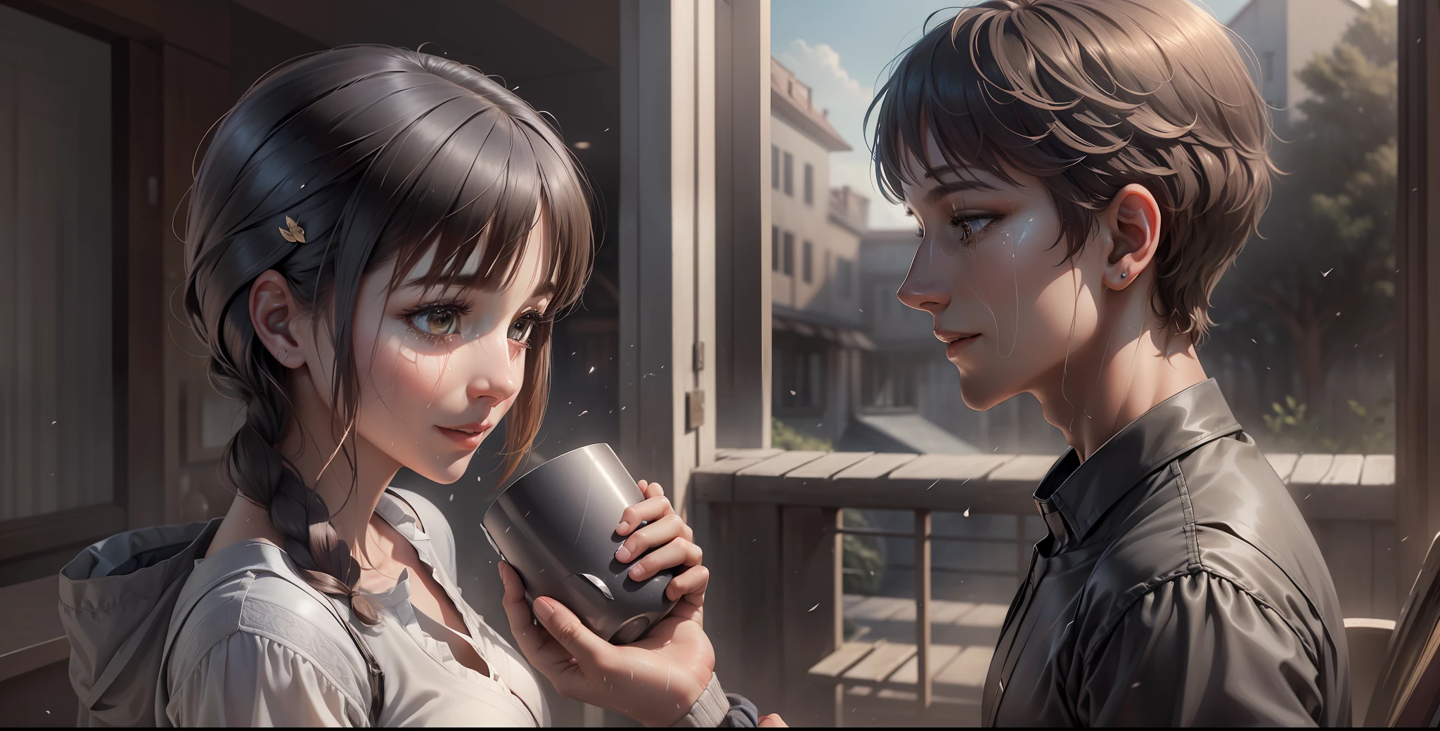 "Describe an ultra-realistic and detailed image of a happy yet tearful couple, both with short hair, serene and calm expressions. The man's gaze is joyful and tranquil as they face each other, holding presents in their hands. Capture the intricate emotions, facial expressions, and the atmosphere as they converse, sharing a special moment of mixed emotions and heartfelt exchange."