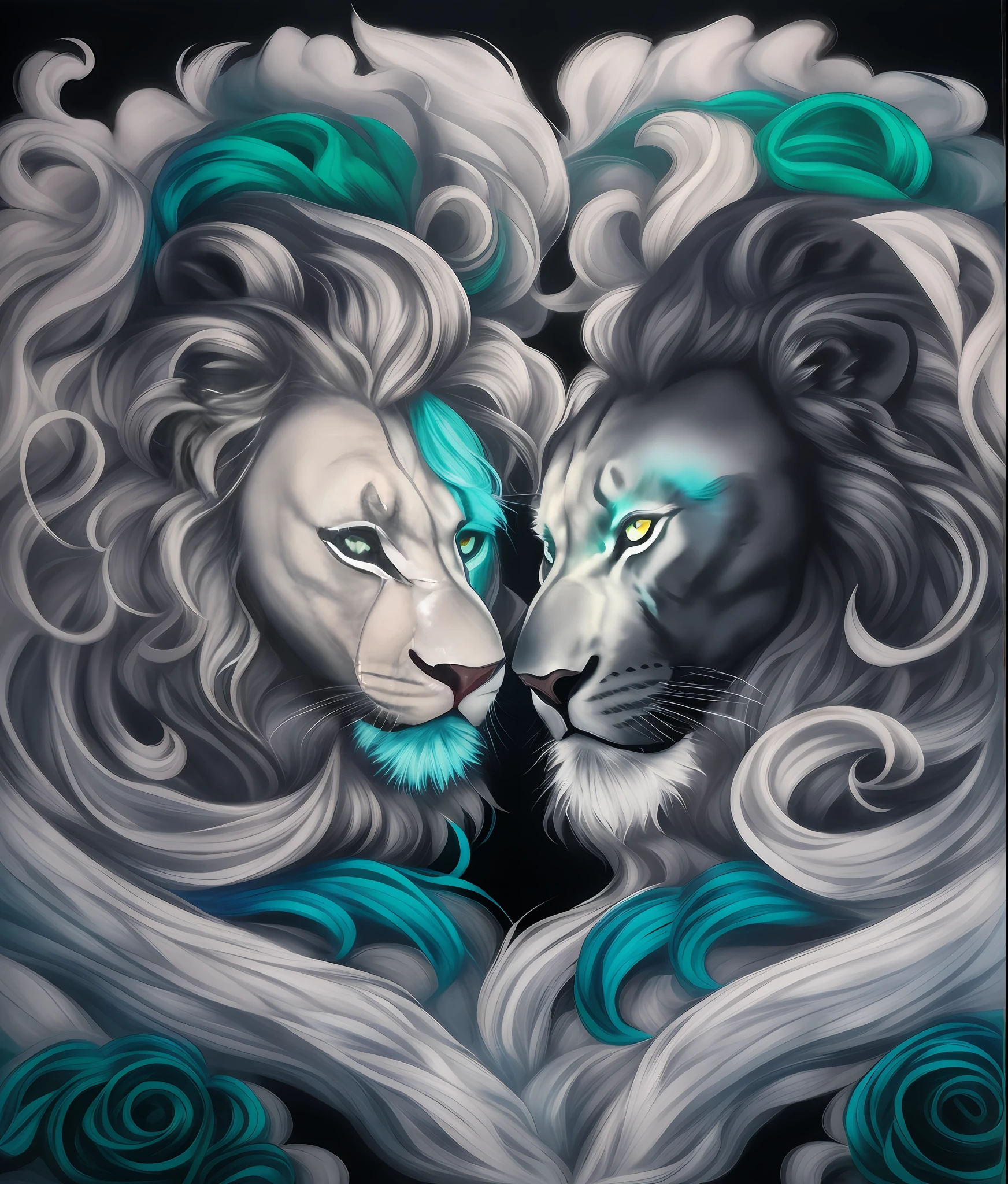 a painting of two heart-shaped Lions with a black background, beautiful gemini good and evil, demi-lion, Lions, noir & blanc, noir et blanc uniquement, symmetric!!, Amazing art, Photo de profil, Ying et Yang, Bel art, duality, couleurs dominantes wihte et bleues