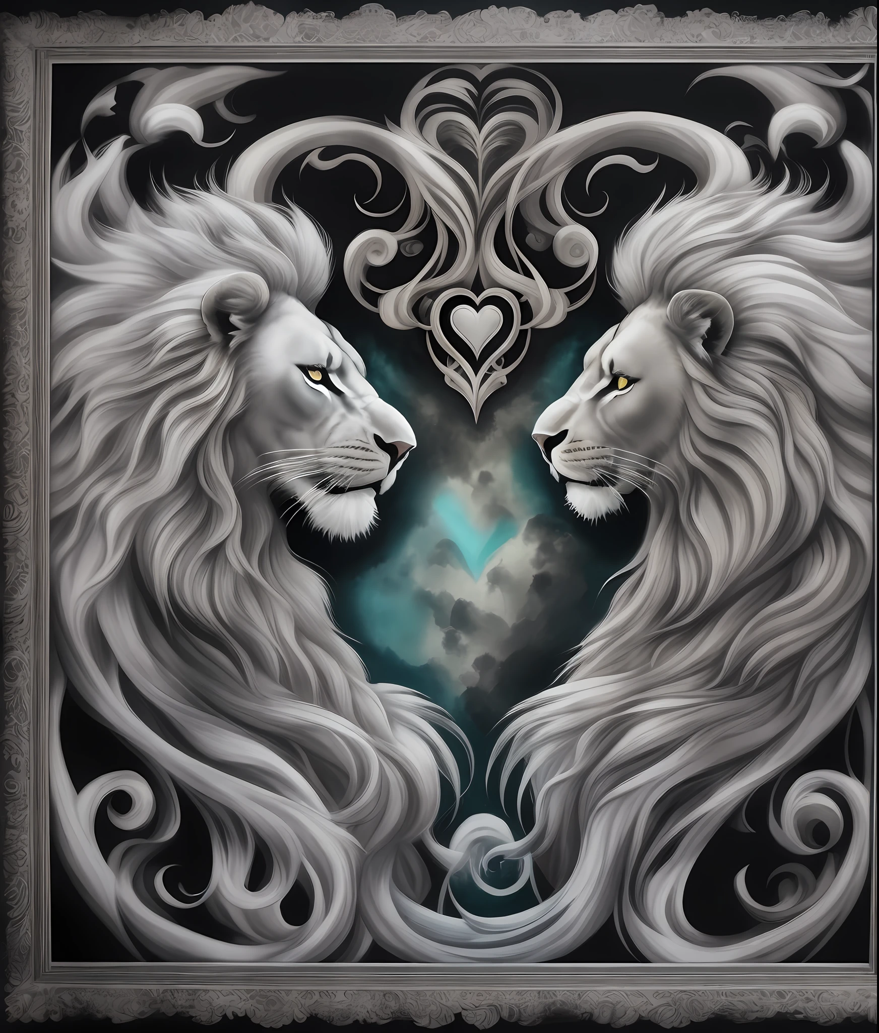 a painting of two heart-shaped Lions with a black background, beautiful gemini good and evil, demi-lion, Lions, noir & blanc, noir et blanc uniquement, symmetric!!, Amazing art, Photo de profil, Ying et Yang, Bel art, duality, couleurs dominantes wihte et bleues