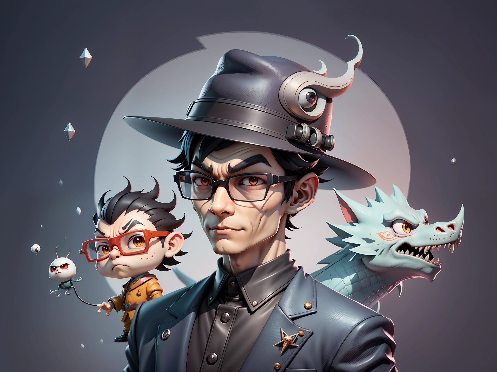 Young man with oriental face in leather hat, dragon, formal suit, short black hair, silver glasses, digital painting, 3D character design by Mark Clairedon and Pixar and Hayao Miyazaki and Akira Toriyama, the illustration is a high-definition illustration in 4K resolution with very detailed facial features and cartoon-style visuals.