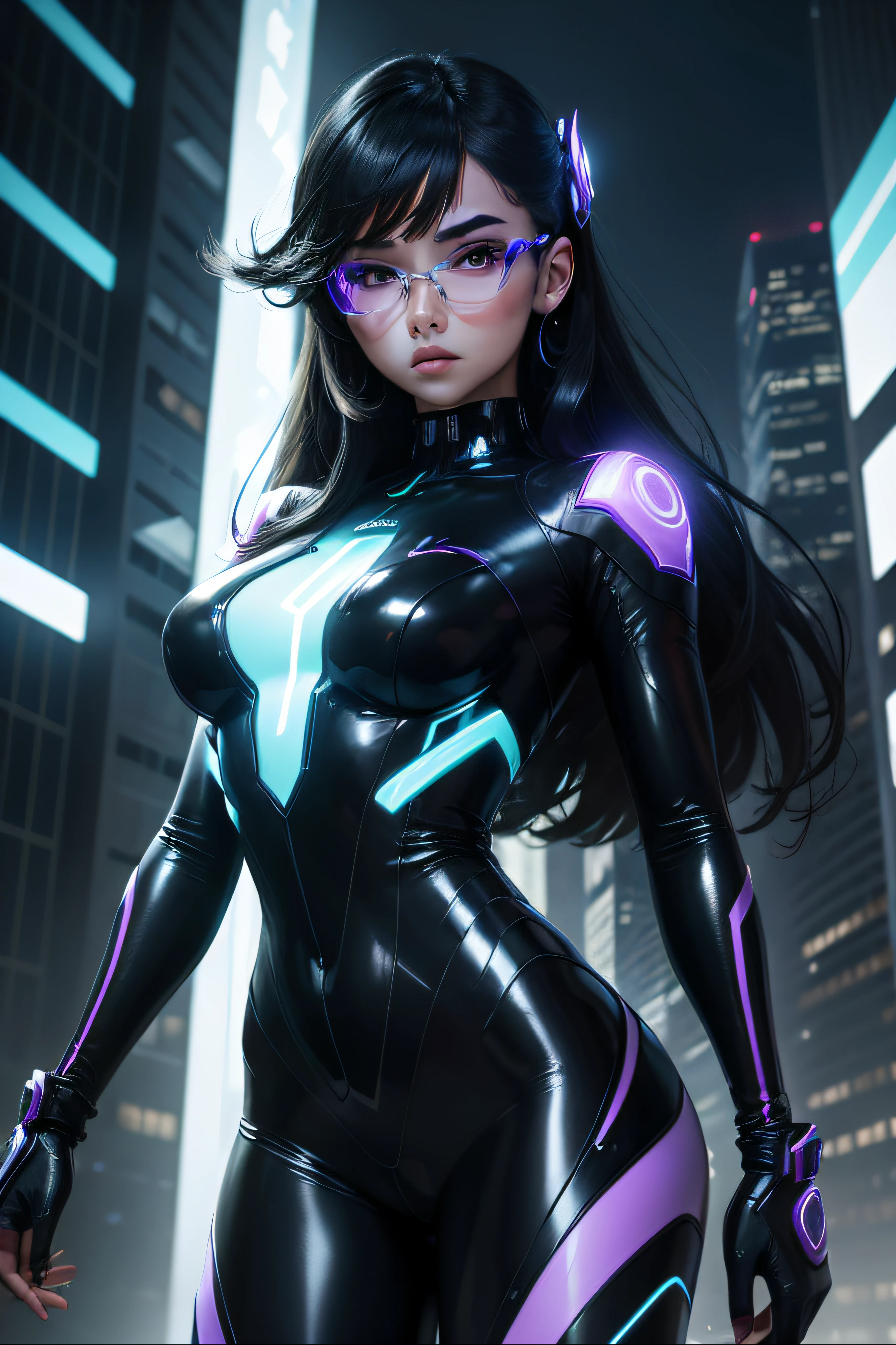In a futuristic setting, a confident and elegant young girl stands at the center of the image. She wears a sleek black suit with holographic materials that adapt to her movement. The color scheme is mainly chrome, with silver, electric blue, and hints of iridescent purple.
Her outfit features a form-fitting jumpsuit with geometric details, merging fashion and functionality. The suit incorporates pulsating LED lights along its seams, emitting a dynamic energy.
She sports ultra-thin augmented reality glasses that display holographic information before her eyes, ranging from environmental data to personal messages.
The background blends futuristic architecture with reimagined nature. Organic-designed buildings rise with reflective surfaces, blending nature into the technological landscape through hanging gardens and urban waterfalls.
The lighting is dominated by neon tones, emphasizing her attire and the architectural elements. The LED lights on her suit and accessories create a sensation of constant motion, symbolizing an ever-evolving world.