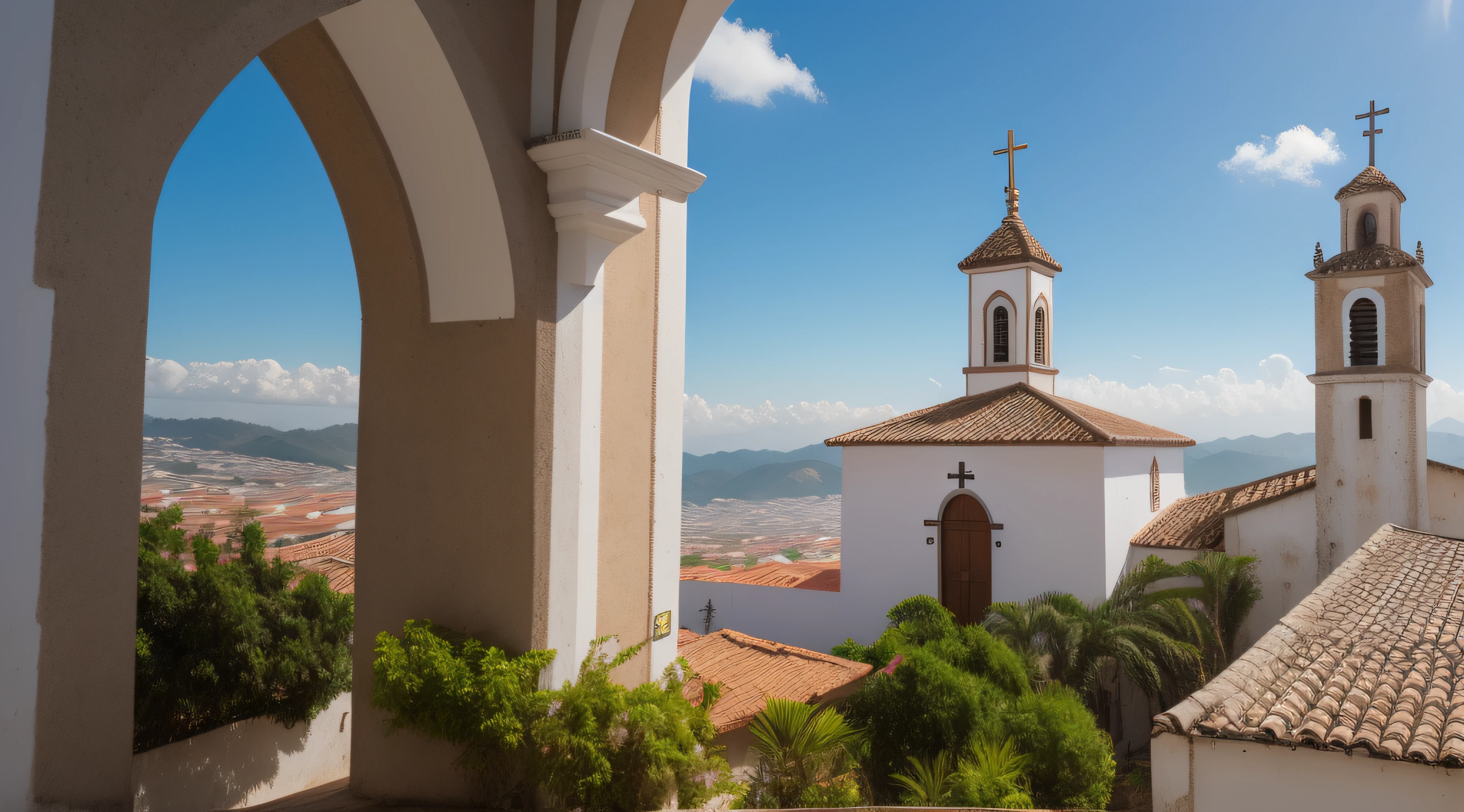 igreja, sky in the background, cristianismo, cruz em cima do telhado, realista, detalhado
