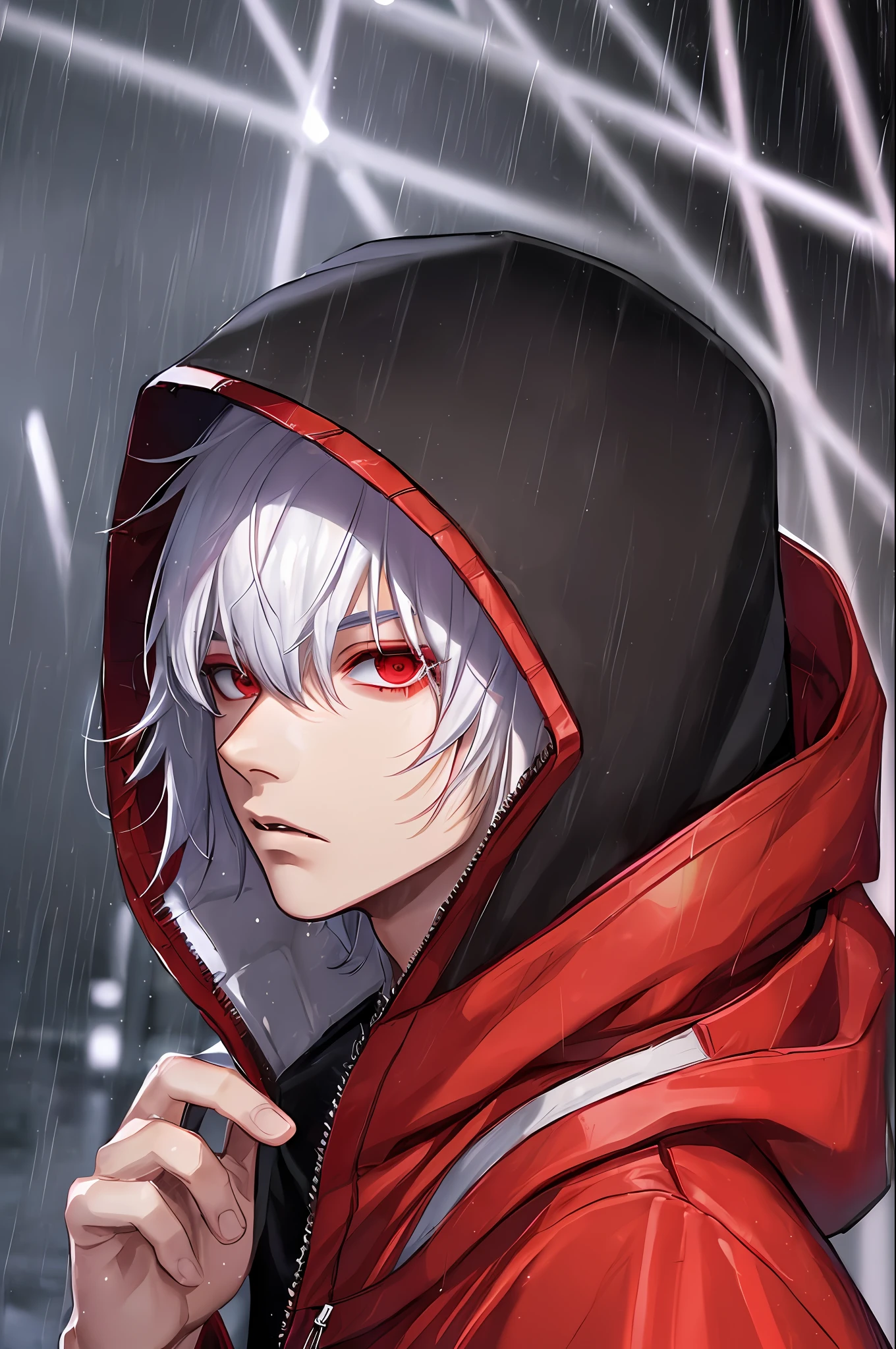 kk, best quality, more details, masterpiece, 1boy, kaneki ken, portrait, male focus, red eyes, solo, bangs, looking at viewer, hood, short hair, rain, tokyo tokyo \(city\),  hood up, nail polish, white hair, luxurious, 8k, detailed, ray tracing, depth of field, cinematic lighting,
