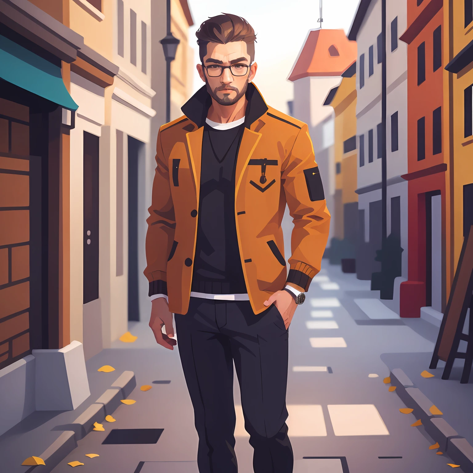 Arafeld man wearing glasses and sweater,Full body photo ，change penovác, andrzej sykut, Vladimir Cherin, valeriy vegera, vladimir krisetskiy, Ilya Golitsyn, Stanley Kibrick, anton semonov, Roman Vlasov, Svyatoslav Gerasimchuk Oravo de Carvalho