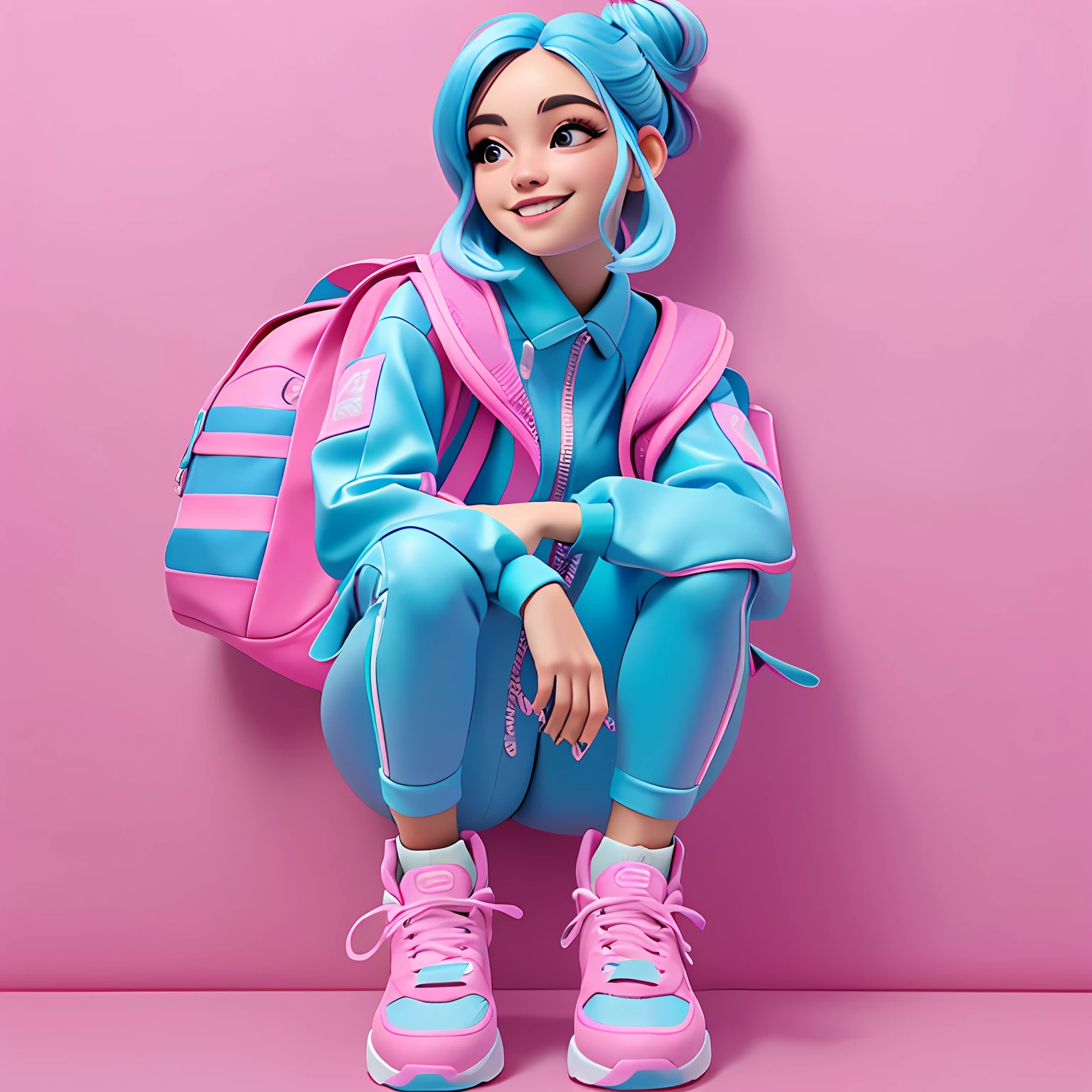 uma , Your hair is stuck in a messy bun, rosa mesclado, catsuit, mochila, sneaker, corpo inteiro, The background is filled with a pastel shade of light blue, evoking a sense of lightness and happiness.