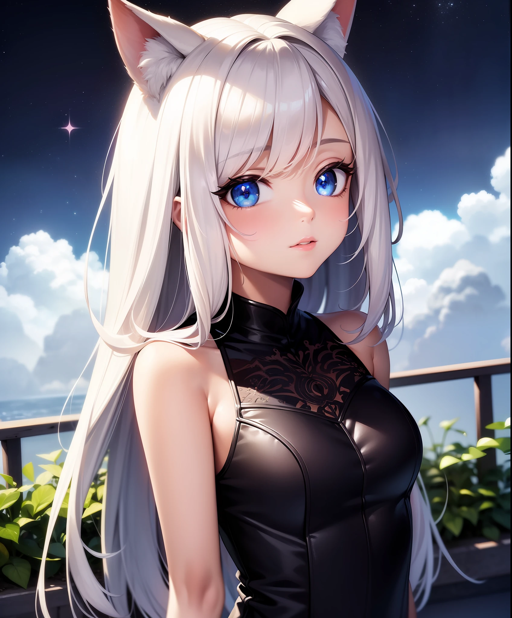 extreme quality, cg, detailed face+eyes, (bright colors:0.9), (light pastel colors:1.4), photo of a curious girl, (ancient), (tan skin), fashion, light dust, patio, (depth of field:0.76), (fog), medium hair, long hair, white hair, masterpiece, 8k, tone mapping, hyper focus, white, blue eyes, (upper body:0.8), natural body, limited palette, (detailed hair:1.13), dynamic angle, (pastel drawing:0.7), (black outlines), (pastel background), soft lighting, (fox girl), solo, clarity, (by Antonio Maria Panni:1.6), (raised eyebrows:0.8), hero attire, (plants, modern:1.2), colorful, bold, vivid, (creative), (starry sky), (random:1.4)