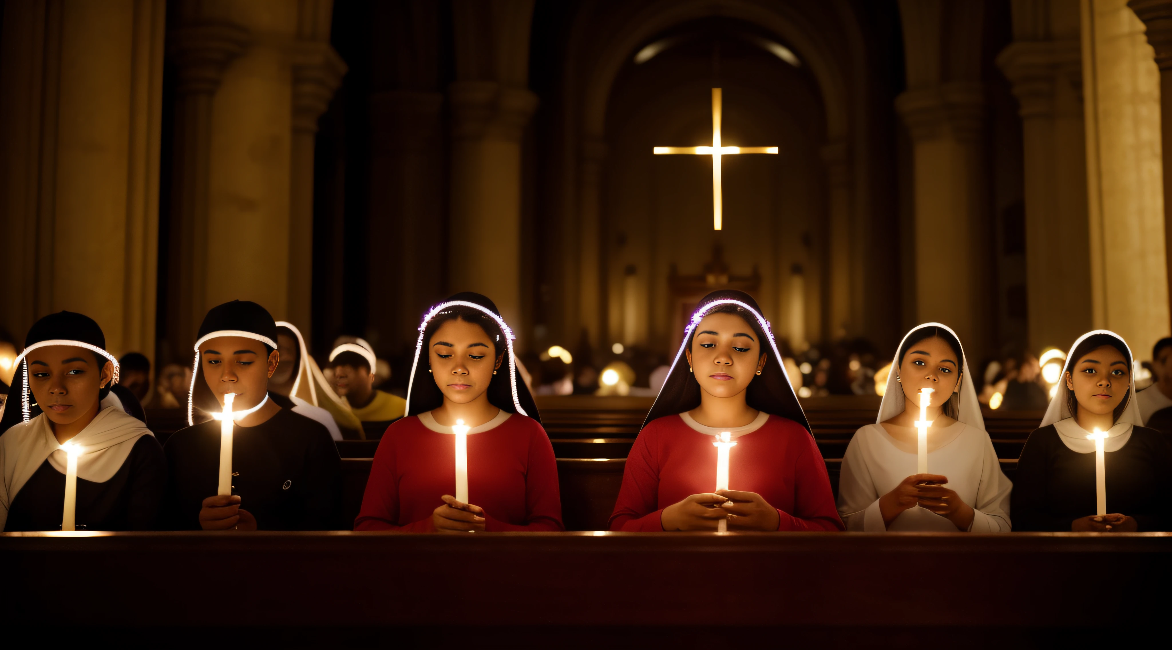 people in church with luminous halos on their heads, realista, detalhado