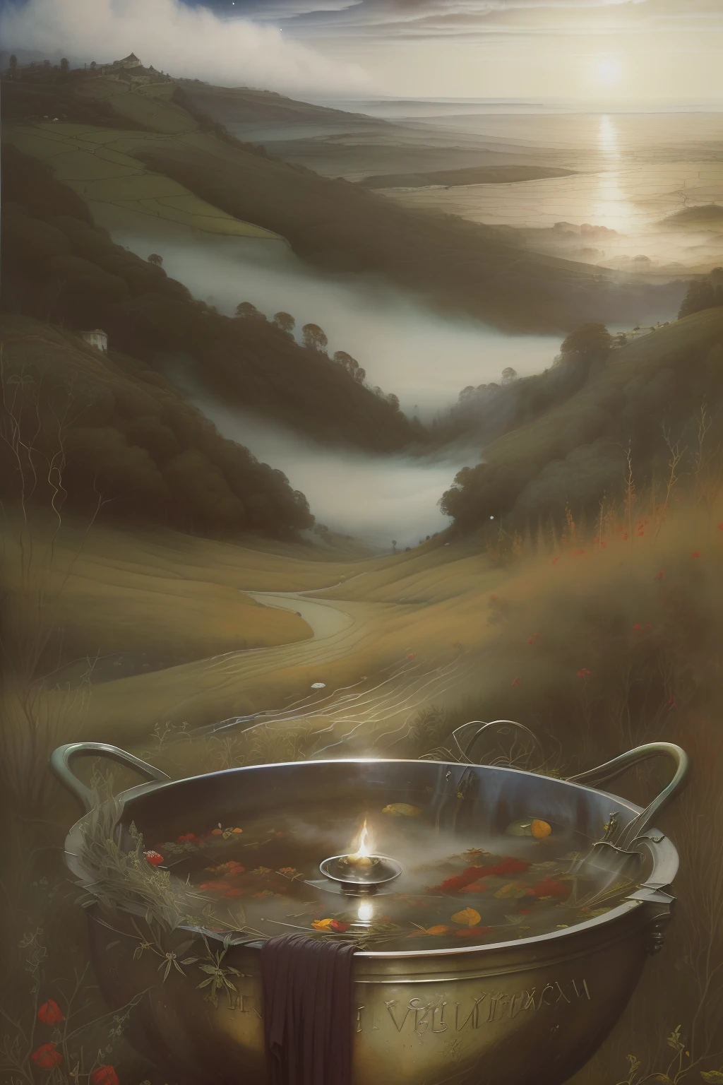 (((Pre-Raphaelite painting de uma "velha bruxa corcundae enrugada", vestida de vermelho, boils herbs in the cauldron, There are clouds in the night sky, Hawthorn and mist in the background)))