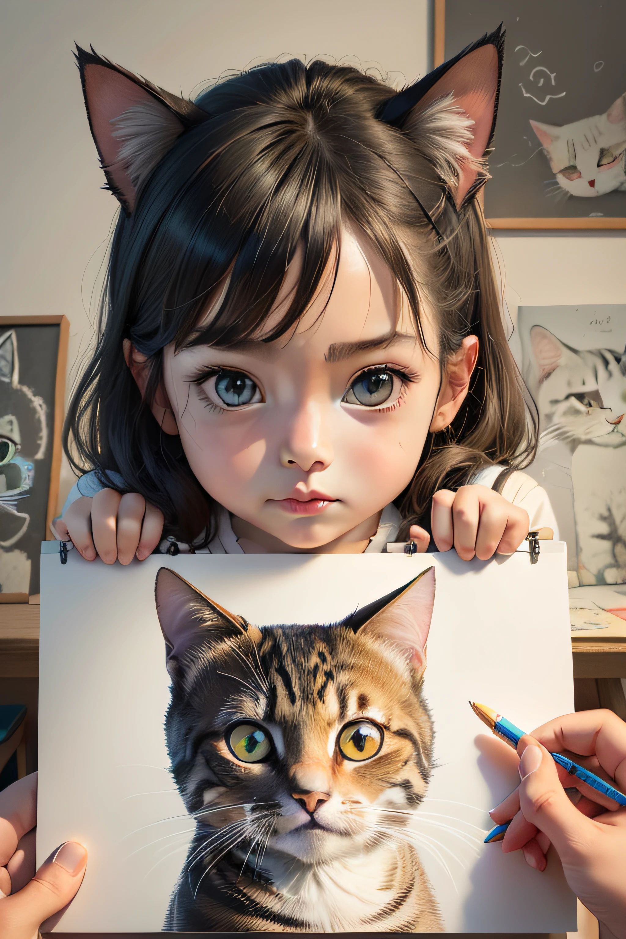 a drawing of a drawing of a cat with a sign that says,'i want to do this ', a drawing, a 's drawing, with symmetrical head and eyes, accurately drawn details, 7 year on drawing, cat face, kid's drawingn a painting of a cat, cat design, childs drawing, ing of a cat, cat head