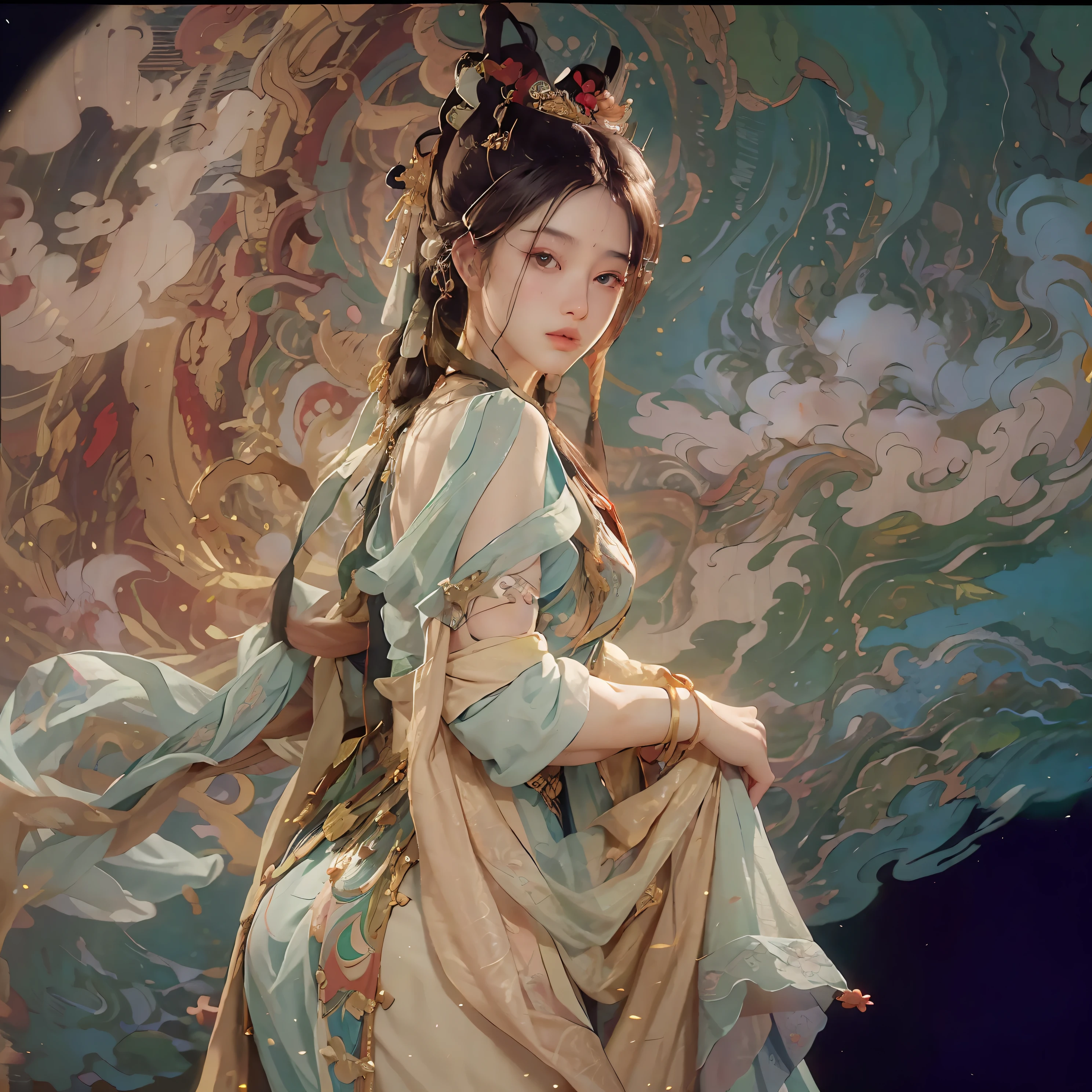 (RAW photo, best quality), (realistic, photo-realistic:1.3),best quality,highly detailed,masterpiece,ultra-detailed,illustration,1girl,upper_body,dynamic angle,world masterpiece theater,messy_long_hair,best quality,extremely detailed CG unity 8k wallpaper,ink,Amazing,cinematic lighting,lens_flare, dunhuang_style