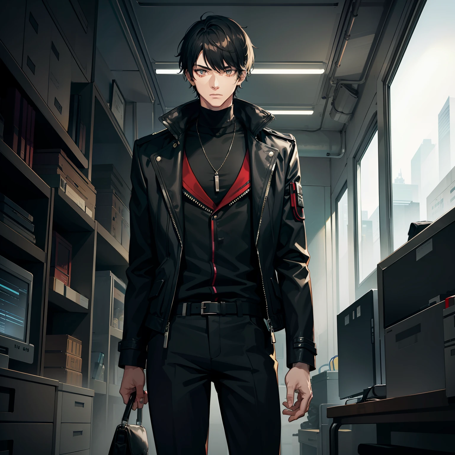 Young man,short hair,mixed colored eye,black hair,tall frame,jacket,cyberpunk,scifi,indoors,office,villian attire,crime boss