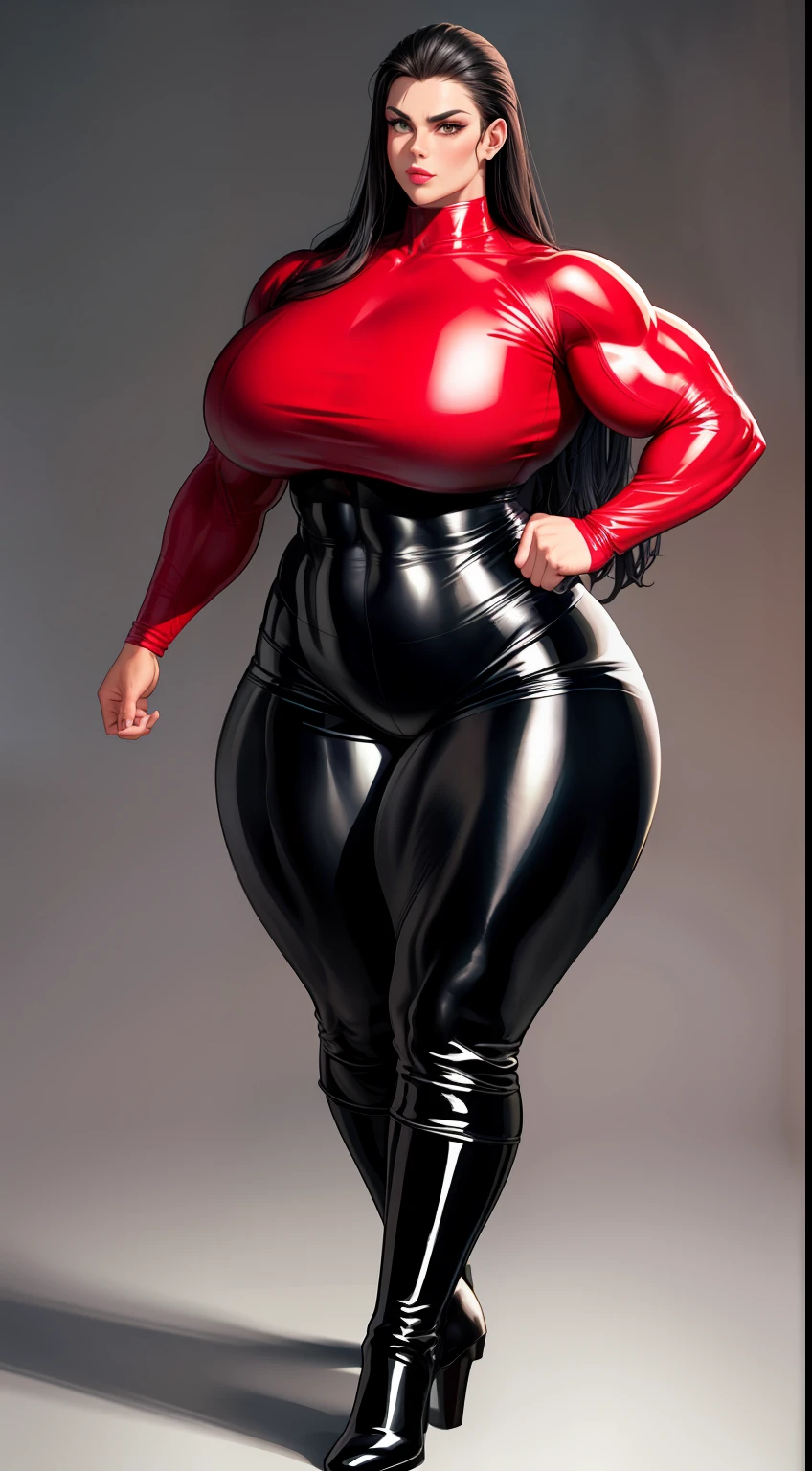 tmasterpiece,Burly woman,Exaggerated large muscles,Long-sleeved latex clothing,leather boots, beautiful attractive face,Full body like, Single female,Very fair skin,Thin waist,Very broad shoulders, Strong and powerful arms,Stout arms,Strong and powerful leg muscles,thick calf,looking to the camera