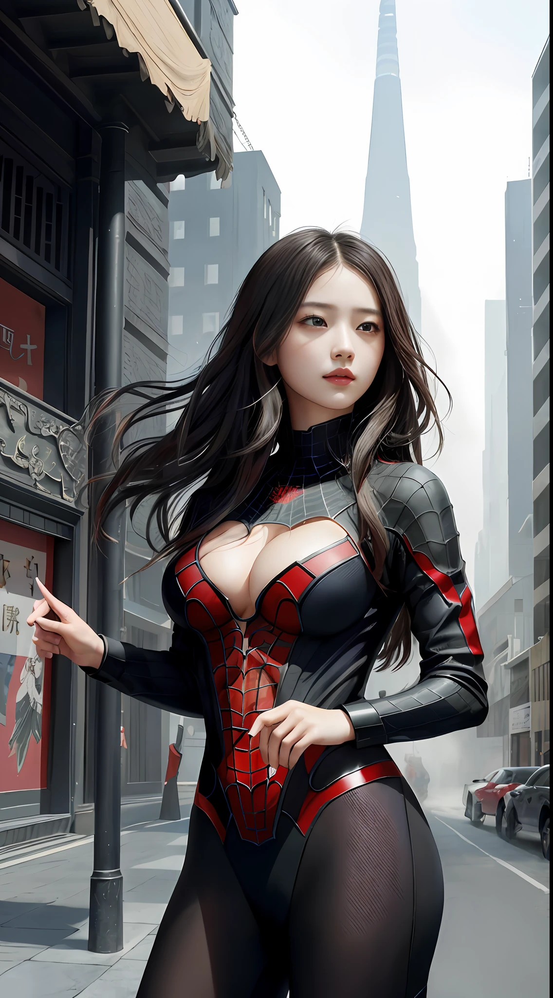 (1girl:1.3), 独奏, (((very vey very detailed face))),((very detailed eyes and faces))),beatiful detailed eyes,Body parts__,offcial art,Unified 8k wallpaper,ultra-detailliert,Beautiful and beautiful,big breasts beautiful,tmasterpiece,best qualtiy,primitive,tmasterpiece,ultra fine photos,best qualtiy,超高分辨率,photorealistic realism,rays of sunshine,full-body portraits,stunningly beautiful,,dynamicposes,delicated face,vibrant eyes,(from the front side), she is in a spider-man suit,Red and black color scheme,arachne,Very detailed city roof background, Roof,looking over city,详细的脸,detailed complex busy background,untidy,opulent,milkyW,highly detailedskin,Realistic details of skin,Visible pores,Clear focus,volume fog,8k uhd,digital SLR camera,high qulity,filmgrain,White skin of the,photo-realism,lomography,A huge metropolis of the dystopia of the future, semi transparent,(big breasts exposed cleavage)