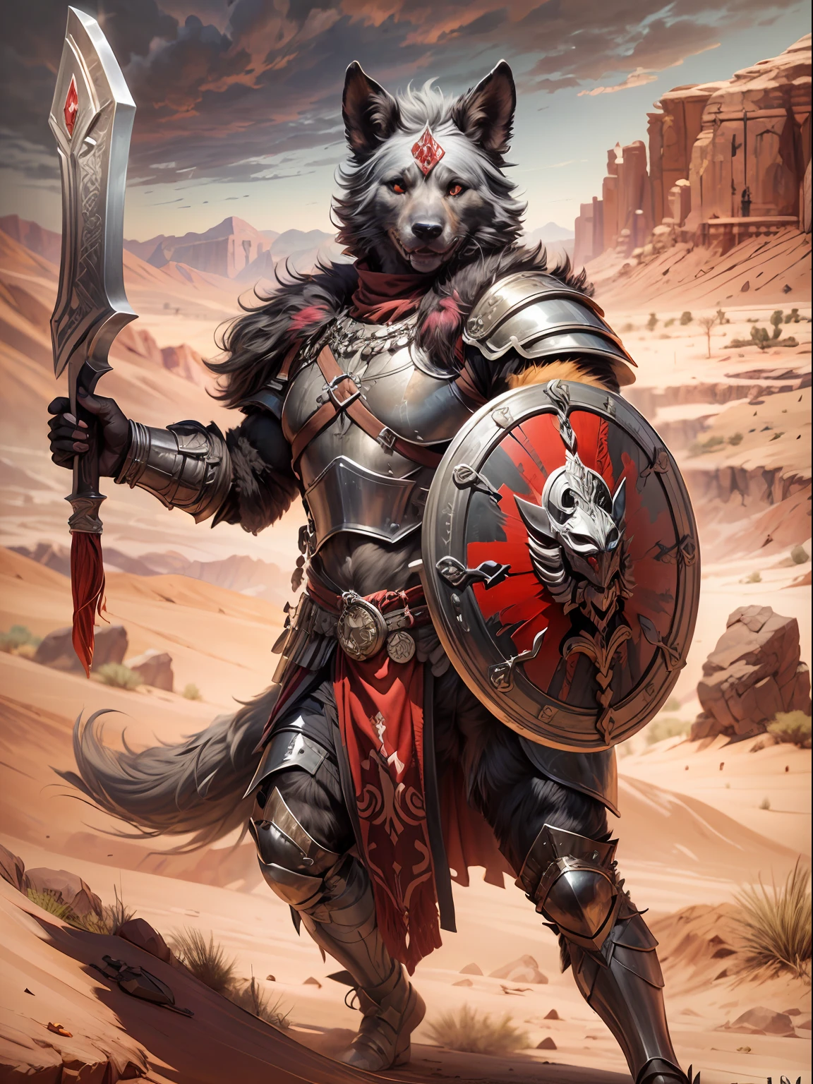 (Wild dog warrior:1) (anthropomorphic:1) clad in ancient Roman armor, brandishing a khopesh and shield, adorned with sleek gray fur and (piercing eyes:1), (red eyes:1) majestically positioned amidst a vast desert landscape.