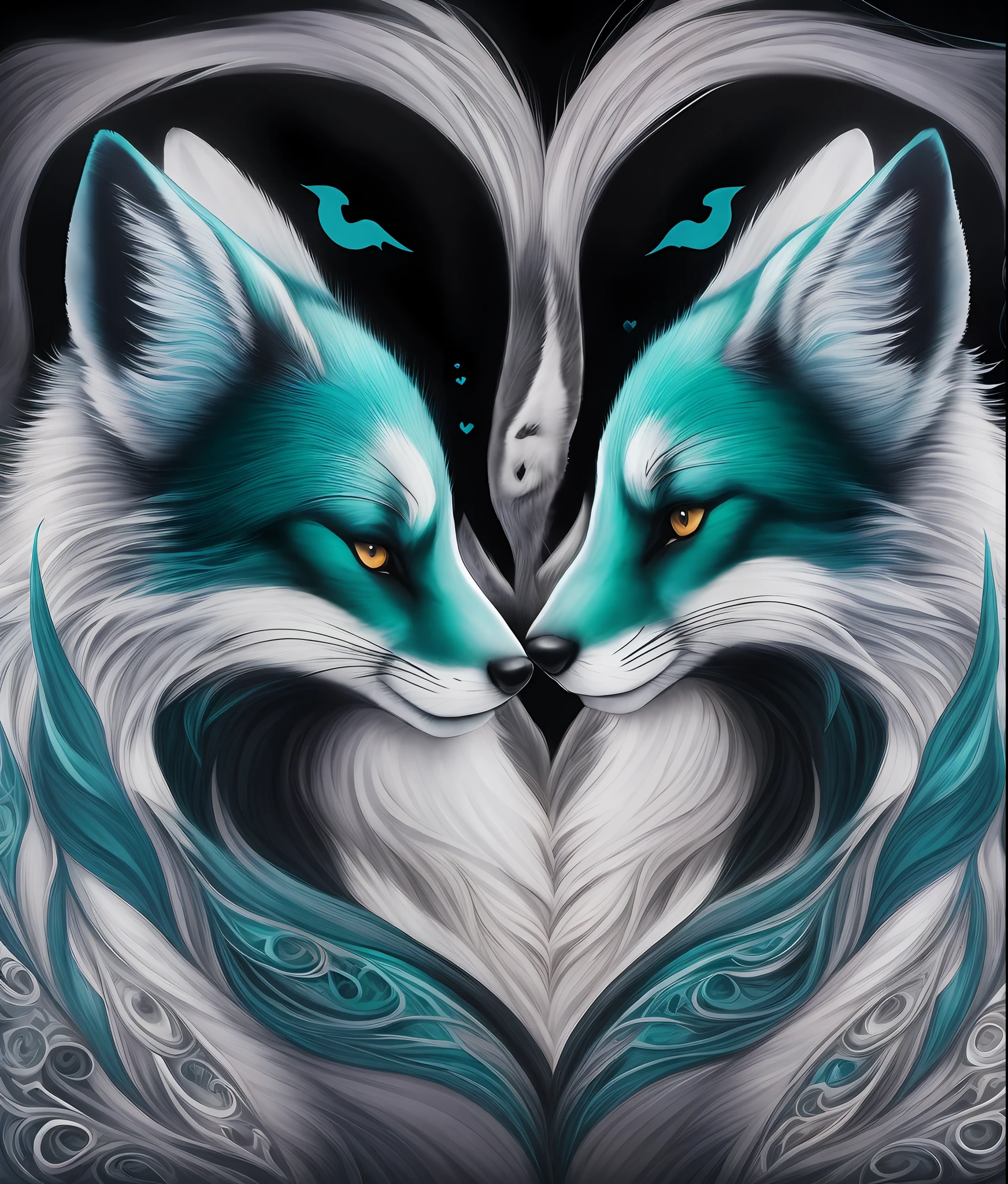 a painting of two heart-shaped foxes with a black background, beautiful gemini good and evil, demi-fox, Lions, ???? & blanc, ???? et blanc uniquement, symmetric!!, Amazing art, Photo de profil, Ying et Yang, Bel art, duality, couleurs dominantes wihte et bleues