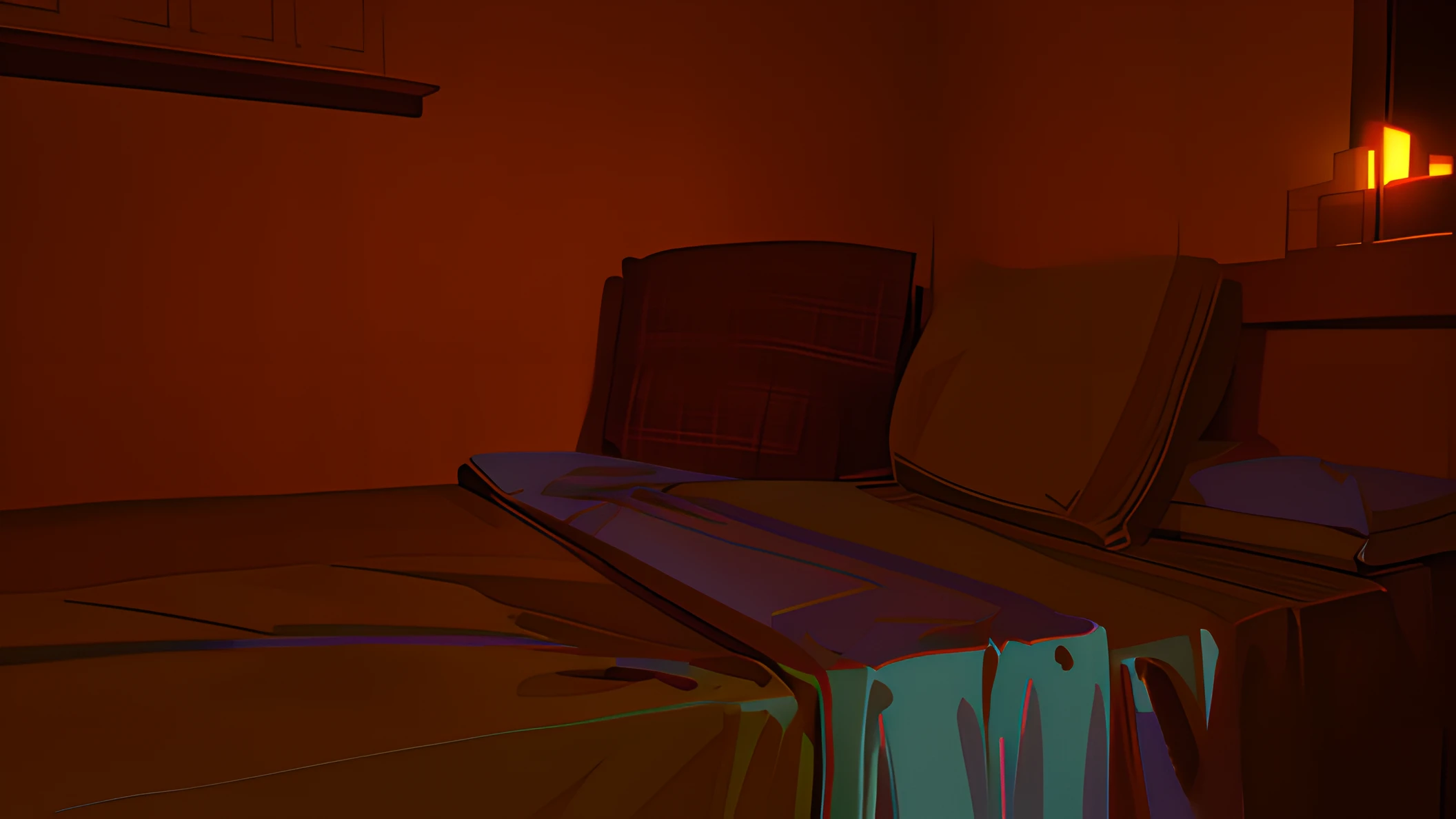 room at night, cama, melancholic environment, hard lighting,