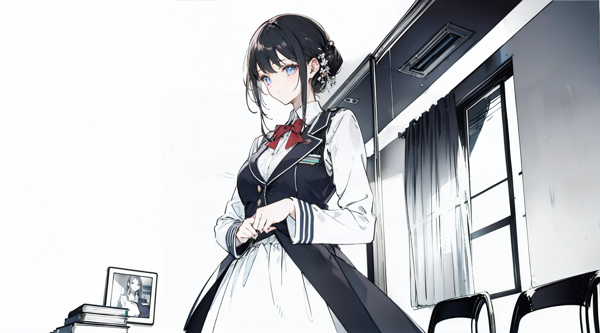 Made her sitting in the classroom room with fancy uniform
