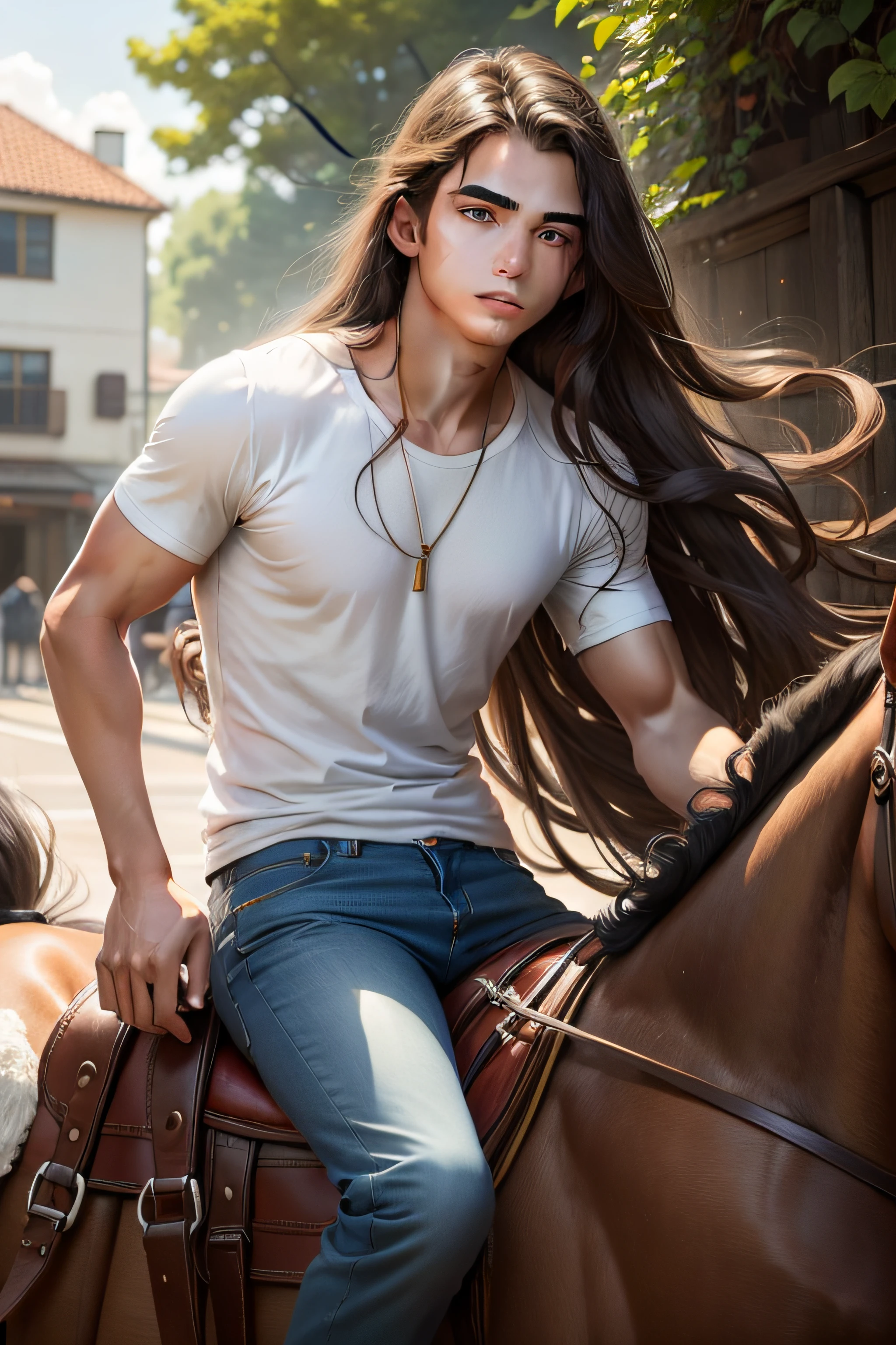 19-year-old male with fair skin and slightly long hair, brown eyes, thin, rosy-cheeked, wearing jeans and a white T-shirt, riding a horse, realistic character image"