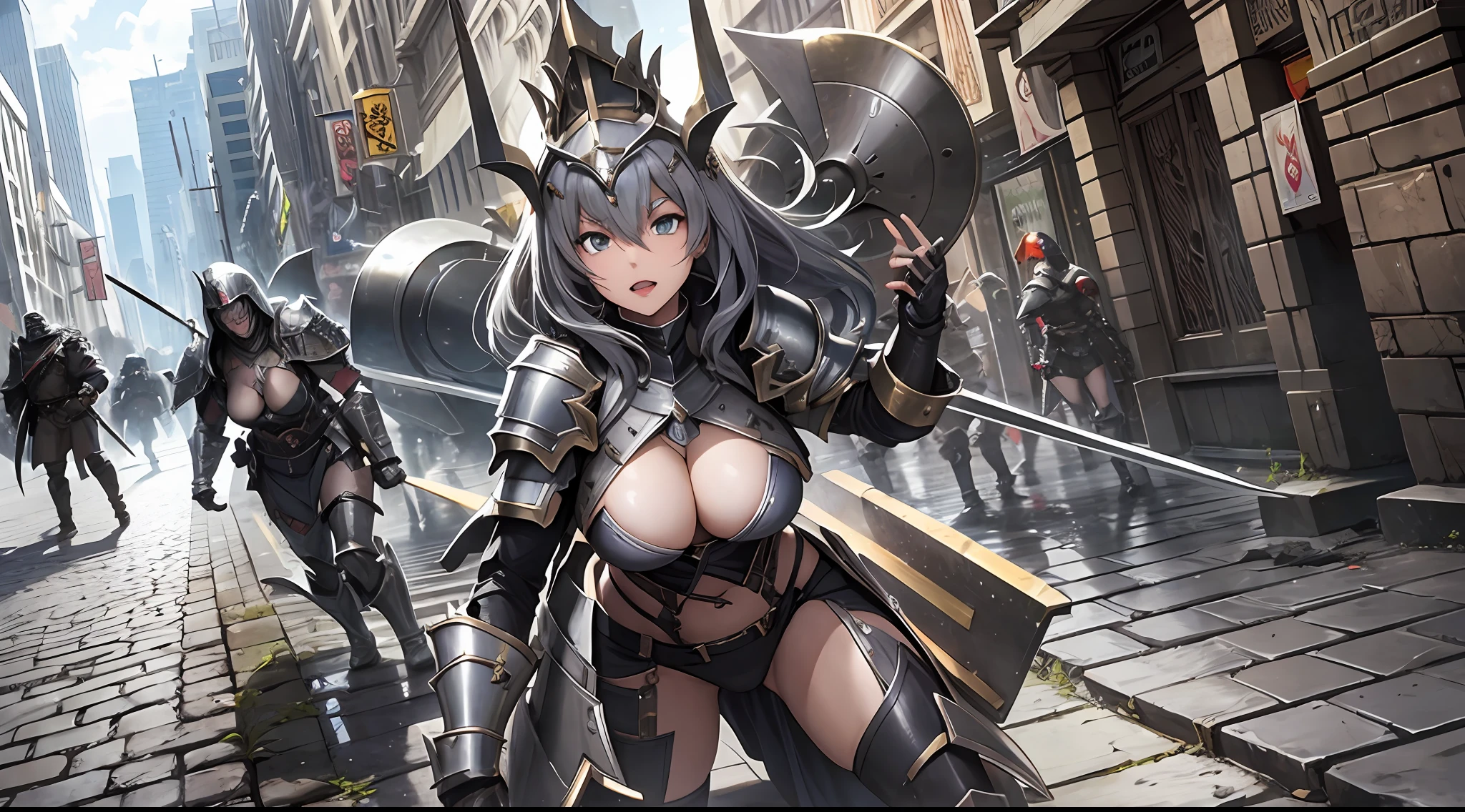 Insane, large breasts, armored female paladin, smiting enemy zombie