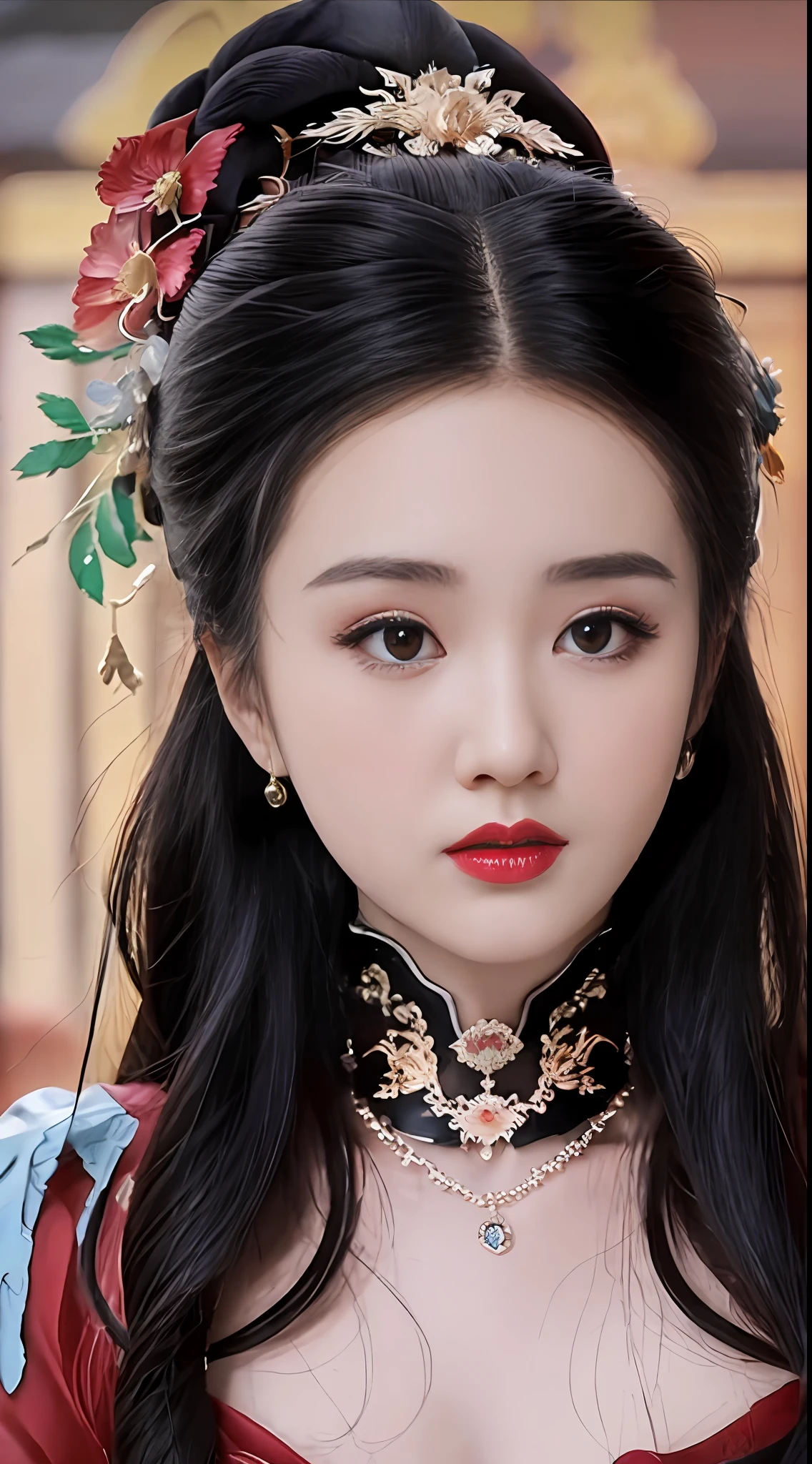 best quality, masterpiece, highres, 1girl, hanfu, lingerie china, hair ornament, necklace, jewelry, Beautiful face, upon_body, tyndall effect, photorealistic, dark studio, rim lighting, two tone lighting, (high detailed skin:1.2), 8k uhd, dslr, soft lighting, high quality, volumetric lighting, candid, Photograph, high resolution, 4k, 8k, Bokeh, (light pink lips), 1 beautiful devil woman from hell, In the Dark: 1.6), surreal female portrait by David Hockney and Alphonse Mucha, fantasy art, photorealism, dynamic lighting, artstation, volumetric lighting, very detailed faces, 8k ultra, Awarded, in the dark, deep shadow, low key, cowboy lens, (Red phoenix dress: 1.4), long hair, black hair, bust, luxurious palace, Royal style, devil crown, red eyes make up very sharp and detailed, The most beautiful face, The breasts are very big and round and round, Super realistic, chinese women's clothing, polo neck sweater, Charming smile, The eyes are very well made up, guweiz, devil style, wearing black mesh socks, Ponytail with a bow tied at the back of the hair, Red black lips, Devil tattoo on shoulder, wearing a thin red and black, robe, the landscape is overcast and thunderous, (Portrait), Close-up of the main character, (Background details 1.8),