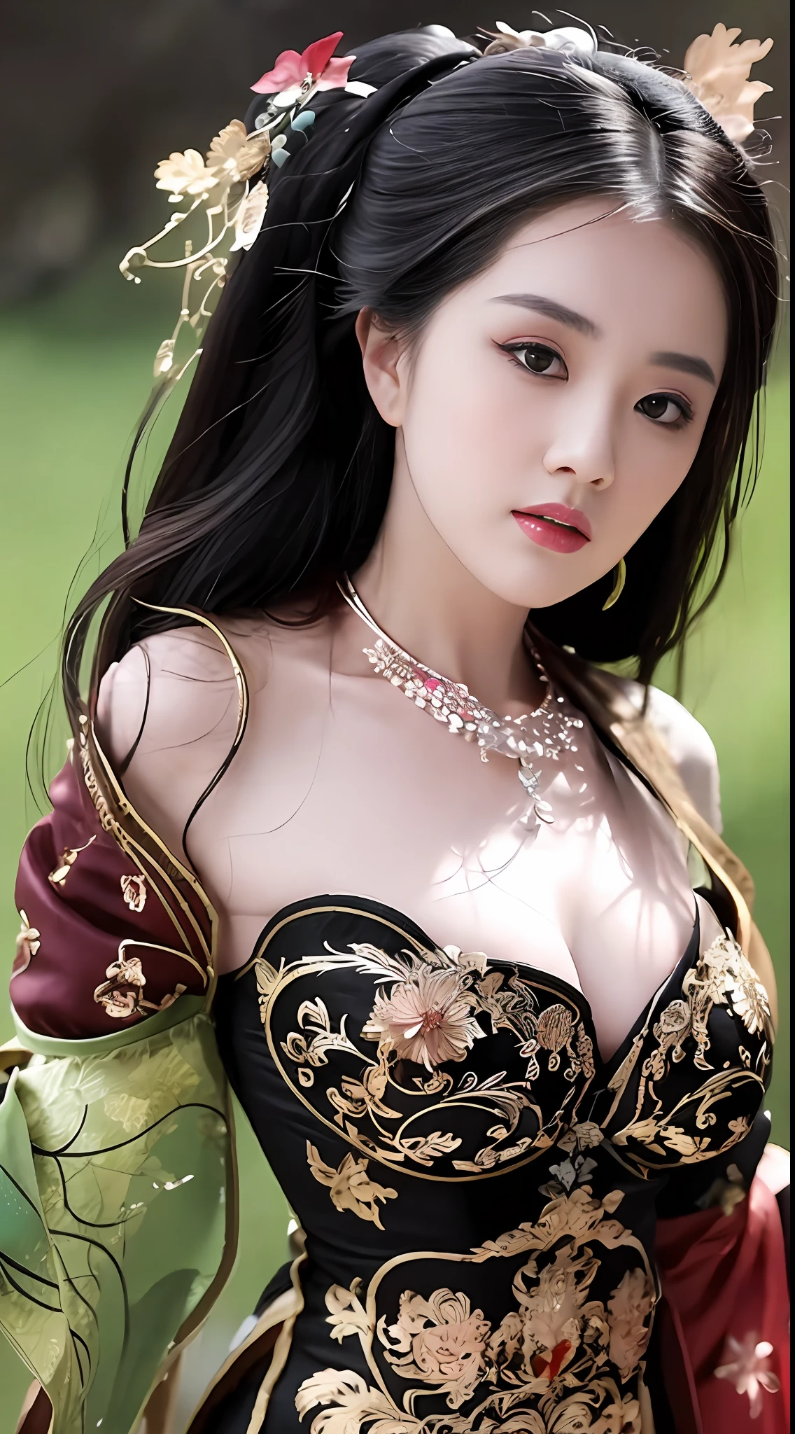 best quality, masterpiece, highres, 1girl, hanfu, lingerie china, hair ornament, necklace, jewelry, Beautiful face, upon_body, tyndall effect, photorealistic, dark studio, rim lighting, two tone lighting, (high detailed skin:1.2), 8k uhd, dslr, soft lighting, high quality, volumetric lighting, candid, Photograph, high resolution, 4k, 8k, Bokeh, (light pink lips), 1 beautiful devil woman from hell, In the Dark: 1.6), surreal female portrait by David Hockney and Alphonse Mucha, fantasy art, photorealism, dynamic lighting, artstation, volumetric lighting, very detailed faces, 8k ultra, Awarded, in the dark, deep shadow, low key, cowboy lens, (Red phoenix dress: 1.4), long hair, black hair, bust, luxurious palace, Royal style, devil crown, red eyes make up very sharp and detailed, The most beautiful face, The breasts are very big and round and round, Super realistic, chinese women's clothing, polo neck sweater, Charming smile, The eyes are very well made up, guweiz, devil style, wearing black mesh socks, Ponytail with a bow tied at the back of the hair, Red black lips, Devil tattoo on shoulder, wearing a thin red and black, robe, the landscape is overcast and thunderous, (Portrait), Close-up of the main character, (Background details 1.8),