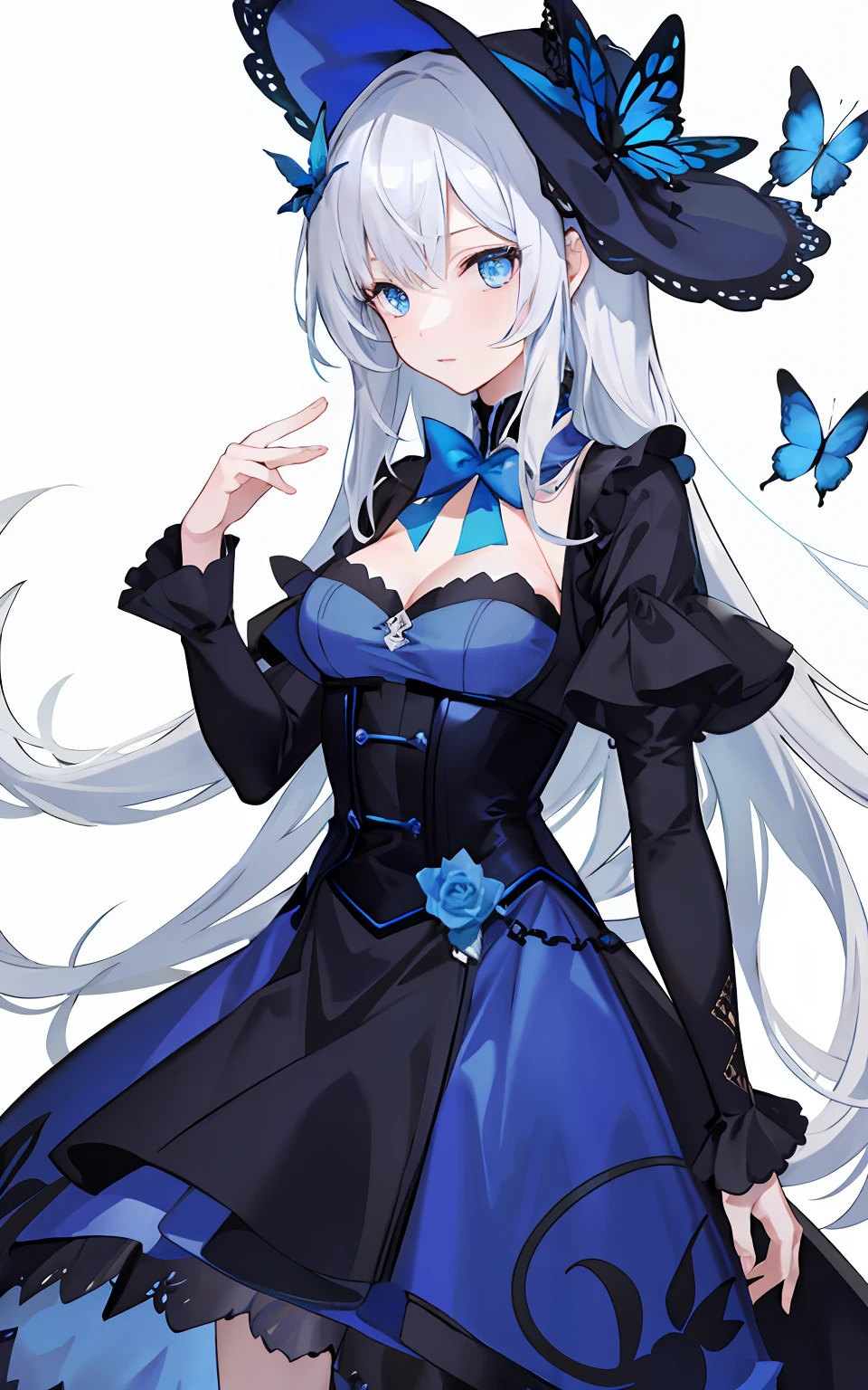 （（tmasterpiece：1.4，best qualtiy））+，（Hyper-detailing）+，（Ultra-detailed eyes）+，
（Elegant 1 girl），blue color eyes：1.15），White color hair，Very long hair，（wariza：1.2），paleskin，grieves，
（She wore a dress made of entangled blue vines：1.5），（flatchest：1.2），（vine dress：1.4），（Dress made of vine：1.2），（Surrounded by vines：1.4），
（be desperate：1.3），gotik，
（Blue vines：1.3），leafs，（Vine tree：1.1），Flying blue butterflies
（Dawn light：1.2），
（Heavy black and white：1.16），（depth of fields：1.4），