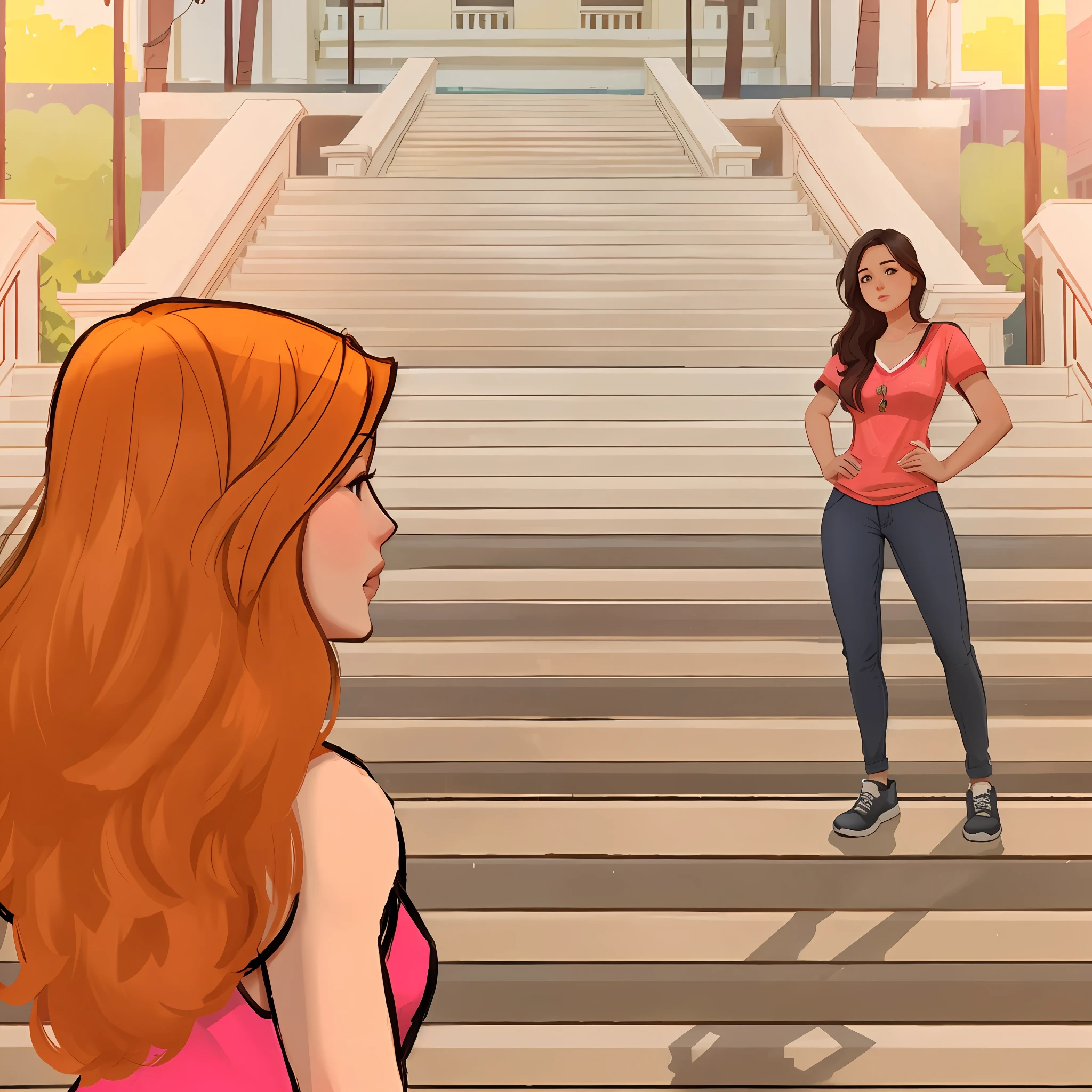 a woman standing on a set of stairs with a building in the background,