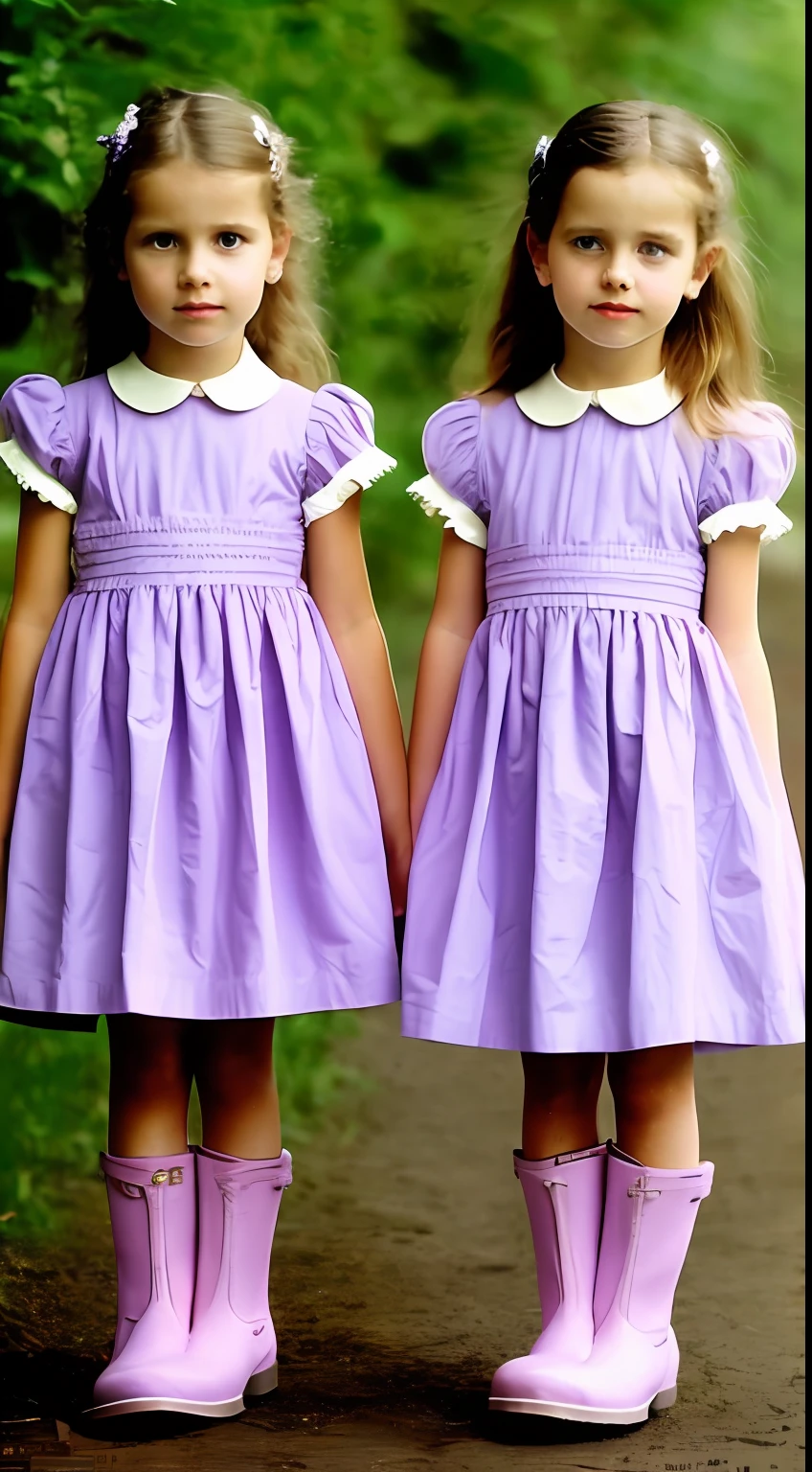 photo from the 80's Two Girls Children twin sisters wearing clothes of the masters 80 and wearing boots and wearing a beautiful lilac dress