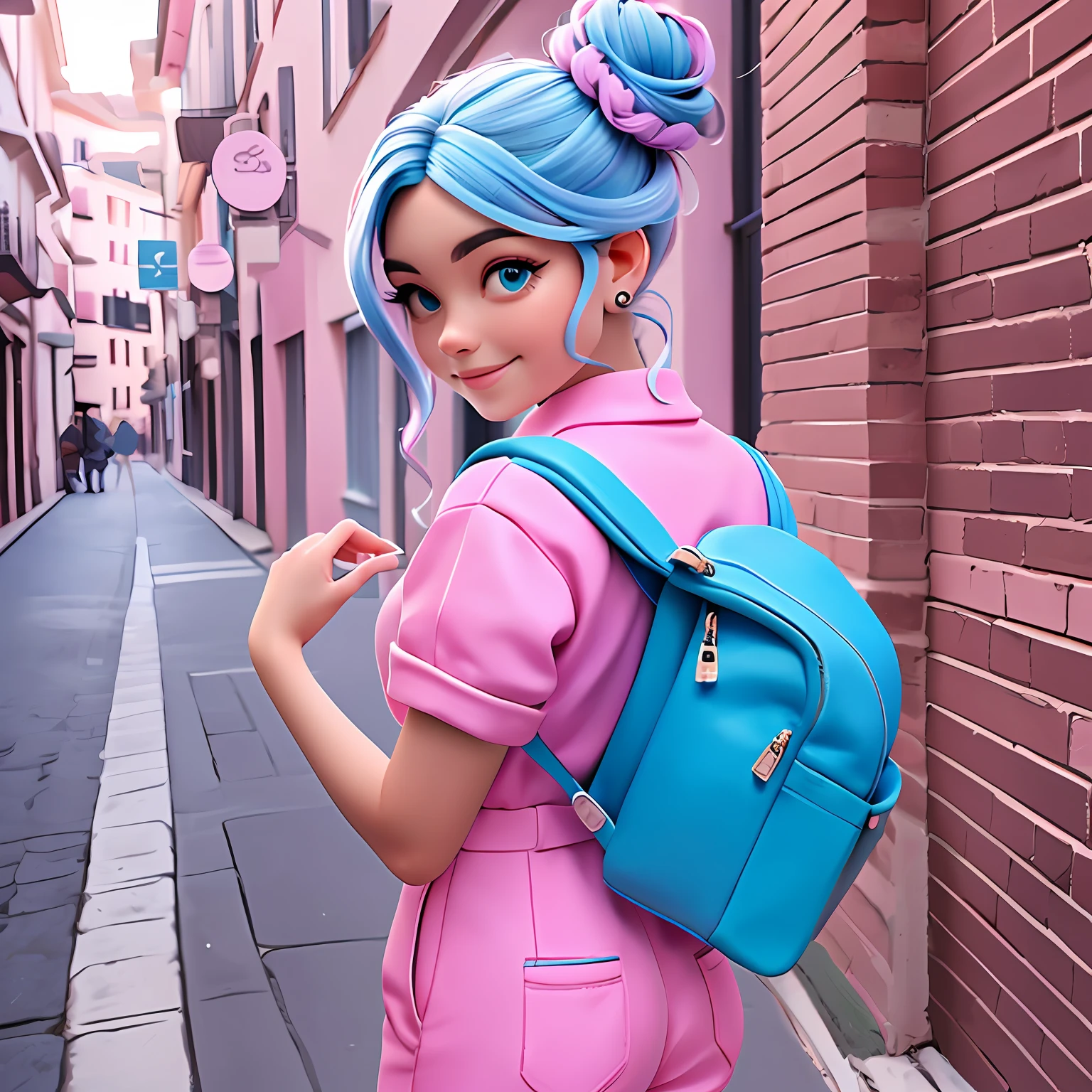 uma menina, Your hair is stuck in a messy bun, rosa mesclado, catsuit, mochila, sneaker, corpo inteiro, The background is filled with a pastel shade of light blue, evoking a sense of lightness and happiness.