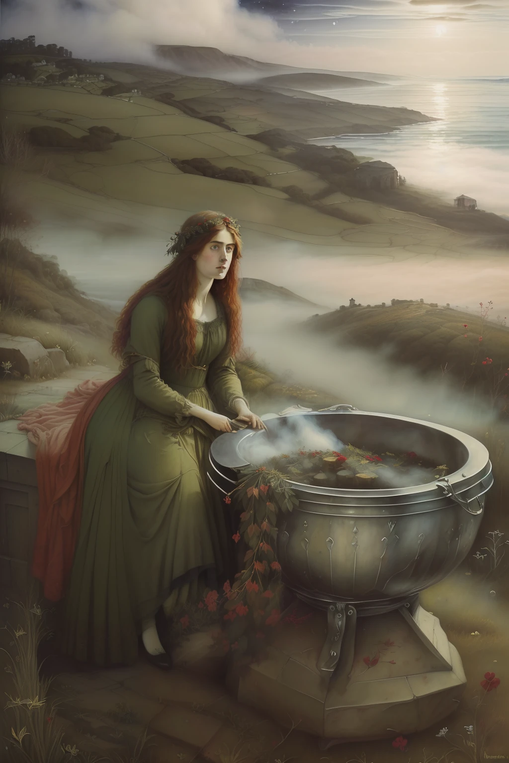 (((Pre-Raphaelite painting of a "velha bruxa corcunda e enrugada", vestida de vermelho, boils herbs in the cauldron, There are clouds in the night sky, Hawthorn and mist in the background)))