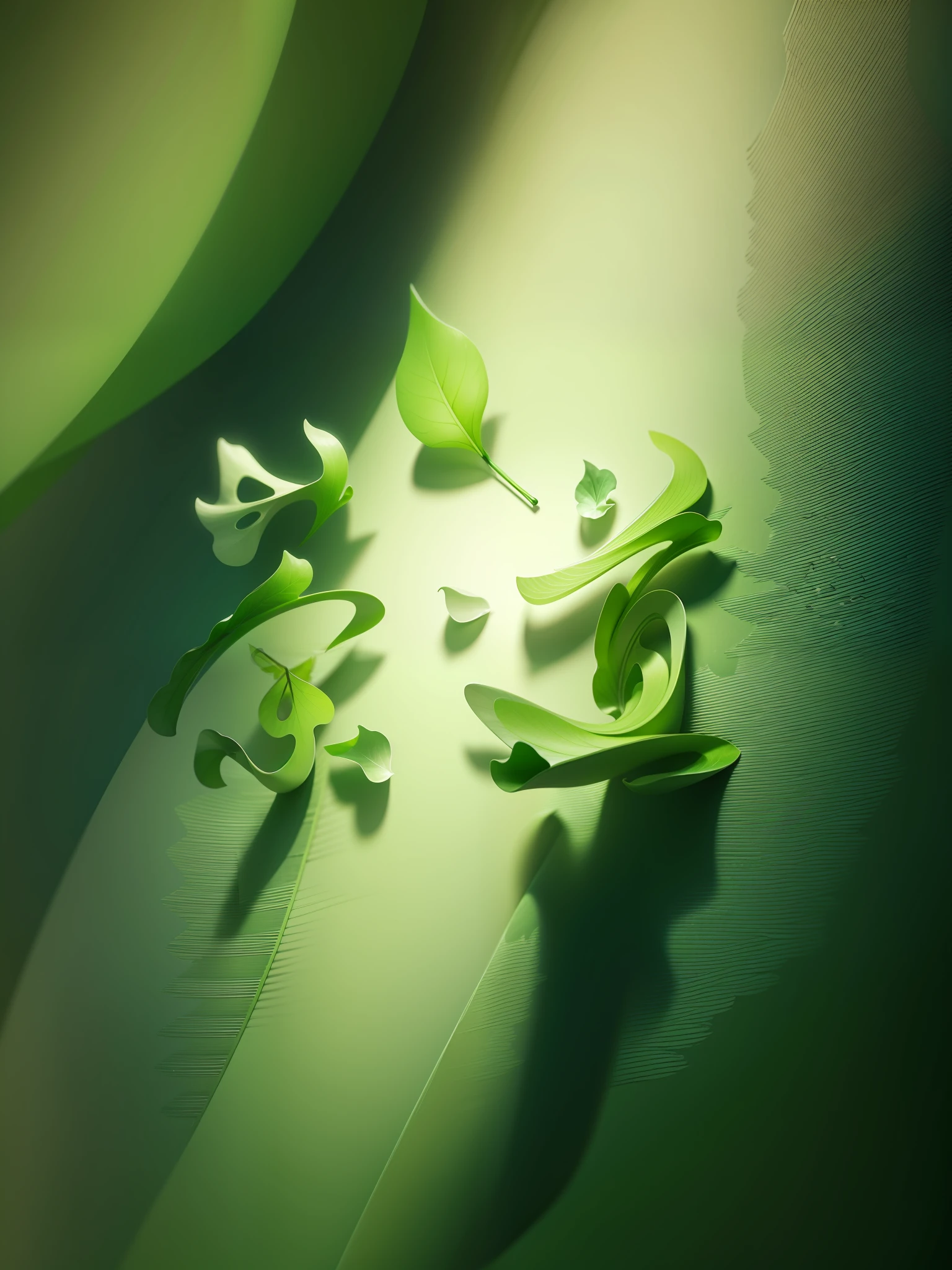 Fabric green leaf wallpaper,optic,cleanness,gentleness,Soft light,Maximalism,green color,Green leaf filling,Fluid transparency,Precise surrealist style,captivating coloration,modern minimalism,3D rendering of industrial design,zoomed shoot