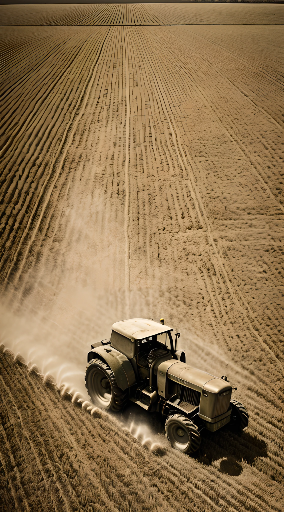 {An old farming tractor in action, spraying fertilizer over a vast, undulating field}, Aerial Photo, Sepia Tones, Drawn from Classic Photography on Deviantart, Camera: Drone, Shot: High Angle, Render Related Information: (professional:1.25), (ambient light:1.15), (vintage:1.3), (70mm:1.2)