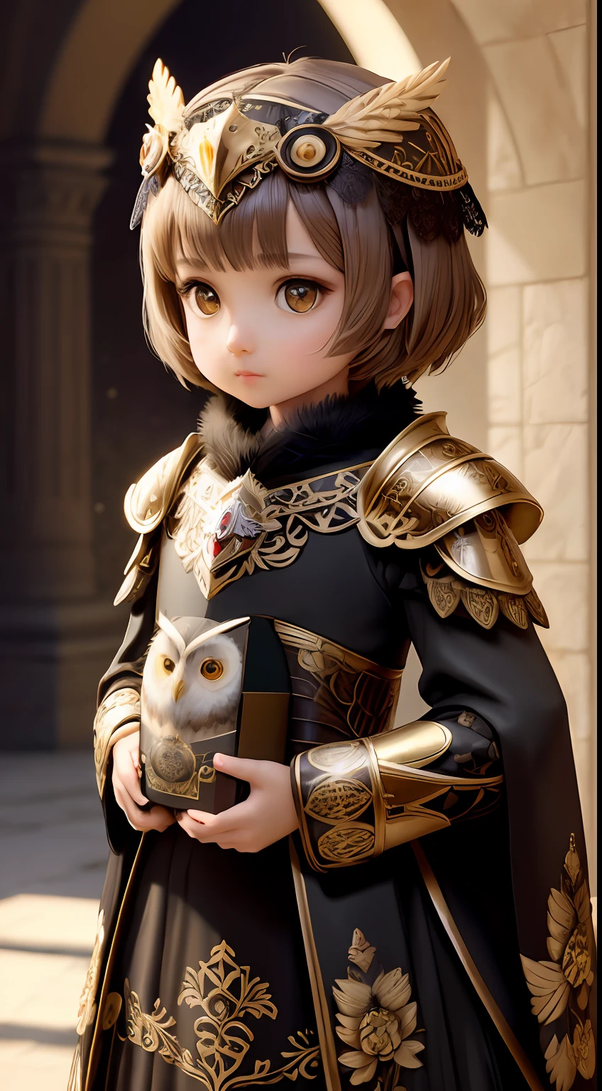 3dcreature cute owl wearing knight armor with detailed floral ornament, beak, 1boy, big eyes, chibi, Photorealistic, Hyperrealistic, Hyperdetailed, analog style, hip cocked, demure, low cut, black lace, detailed skin, matte skin, soft lighting, subsurface scattering, realistic, heavy shadow, masterpiece, best quality, ultra realistic, 8k, golden ratio, Intricate, High Detail, film photography, soft focus