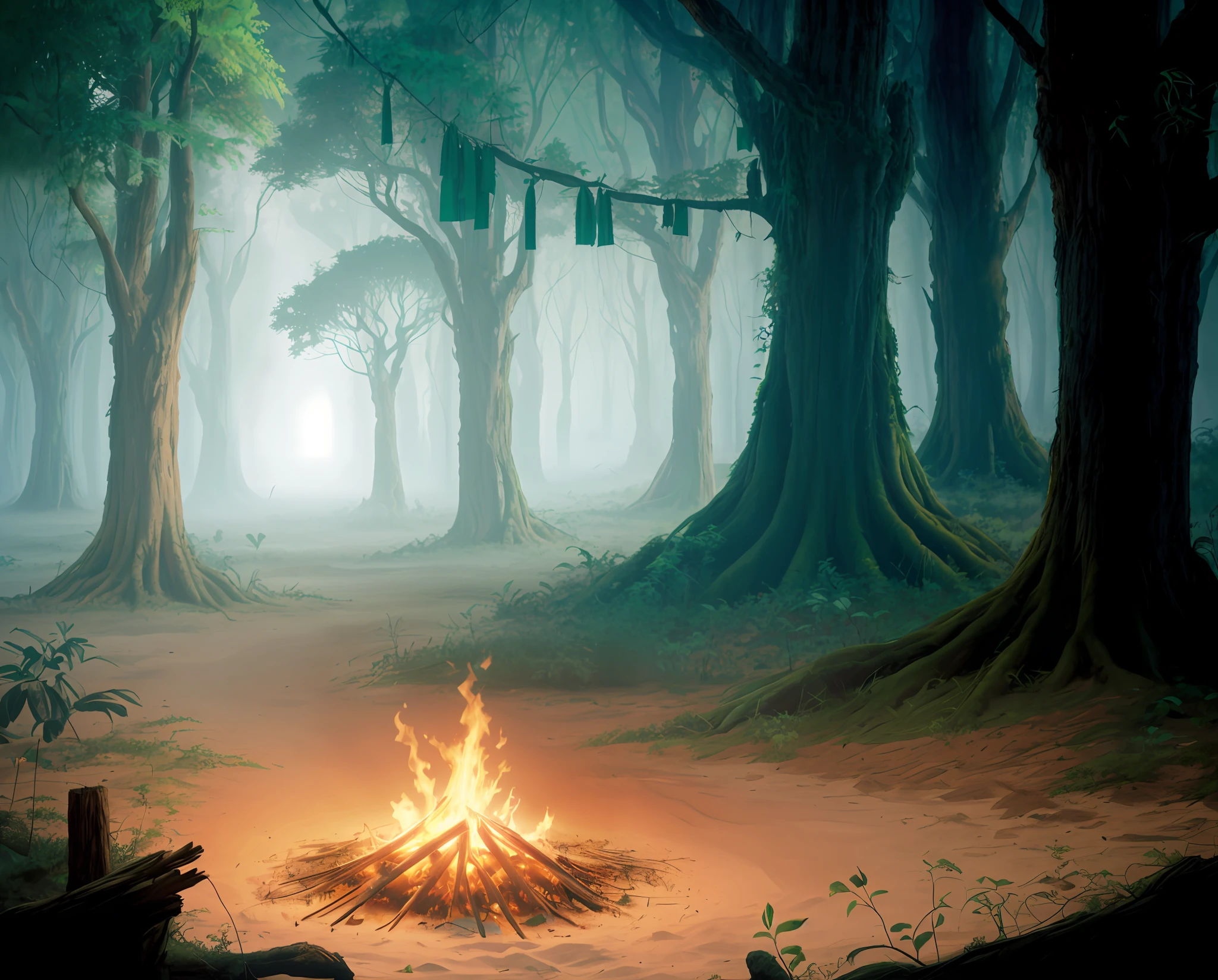 There is a bonfire in the middle of a forest with many trees, arte de fundo, pintado como uma arte conceitual de jogo, Fundo da fogueira, Pintura de ambientes, Dota! arte conceitual de pintura fosca, Forest with trees, land area in the middle of the forest, motor Unreal de ray tracing, ambiente florestal ultra detalhado, floresta misteriosa, piso texturizado, riqueza de detalhes, imagem 4k, mega resolution, paisagem densa neblinosa, desmatamento florestal, Filming forest around a deforested area, plantas rasteiras, Detailed vegetation, troncos de arvore, arte de fundo, Pintura digital de fantasia, floresta assustadora, paisagem de limpeza florestal, pintura digital muito detalhada