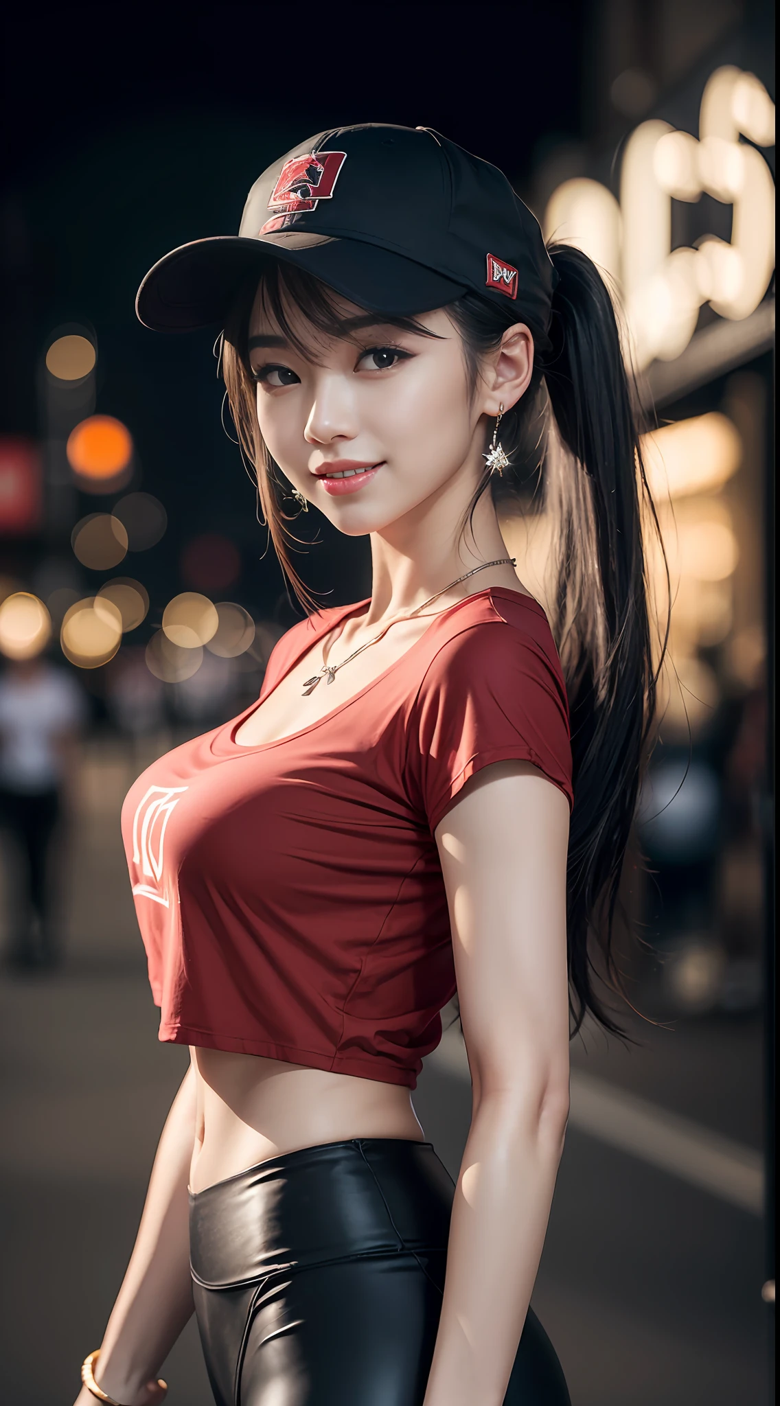 Upscale
Variations
Remove Background
Generation Data
Prompts
Upscaling
8k, masterpiece, RAW photo, best quality, photorealistic, extremely detailed CG unity 8k wallpaper, Depth of field, Cinematic Light, Lens Flare, Ray tracing, (extremely beautiful face, beautiful lips, beautiful eyes), intricate detail face, ((ultra detailed skin)) 1girl, in the dark, deep shadow, pretty korean girl, kpop idol,(very slim slender fit-muscled body), ((looking at viewer)),(big smile), (fashion city night, (neon sign), (blurry background), fashion street night),(vacant city), (without people in the background), pretty korean girl, white diamond earrings, dia bracelets, dia necklace, clear eyes, walking , front shot, (pale skin), face forward, (big eyes), ((upper body shot)), ((baseball cap)), ((black color leggings)), (camel tae, cameltae, vulva shape), ((red T-shirt)), (ponytail) (looking at viewer), medium breasts,((smile))