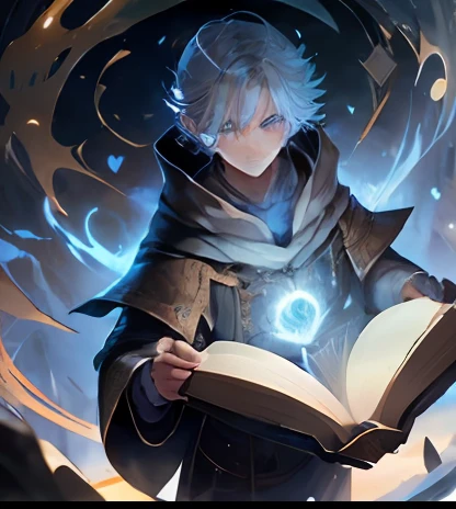 （absurderes，A high resolution，ultra - detailed）， tmasterpiece， Best quality at best， A boy dressed in white， Hold the book， cloaks， the witcher， 独奏， handsome， short detailed hair， Blue hair， eBlue eyes， glowing light eyes， glowing effect， blue flame， Fine Eye， 详细的脸， spark of light， swirles， Magic Vortex， Isolated land background， looking down from below，There is a heart floating in front of you
