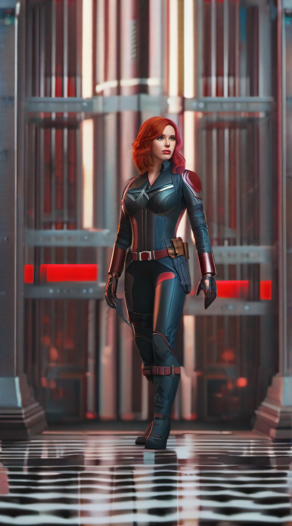 (masterpiece), (best quality), (photorealistic:1.3), 8k, detailed skin texture, detailed cloth texture, beautiful detailed face, intricate details, ultra detailed, scarlett johansson, Black Widow in the style of the Captain America, straight red hair, (full-length body:1.2), psychedelic, Americana, drawing, low angle, Texturing, Sharp, props, mellow colors, Health Goth, glowing lighting, 8-bit --ar 9:16