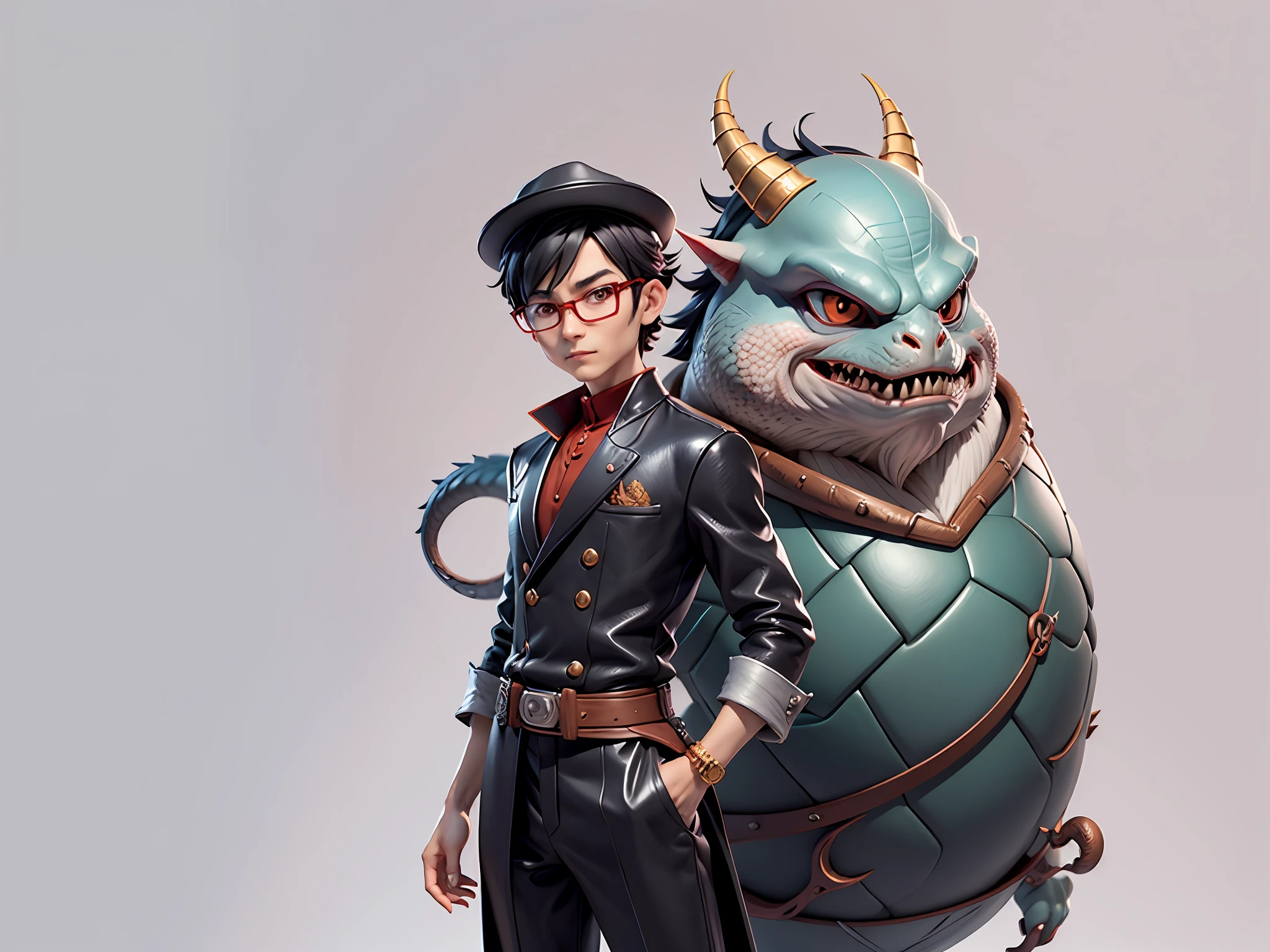 Young man with oriental face in leather hat, dragon, formal suit, short black hair, silver glasses, digital painting, 3D character design by Mark Clairedon and Pixar and Hayao Miyazaki and Akira Toriyama, the illustration is a high-definition illustration in 4K resolution with very detailed facial features and cartoon-style visuals.