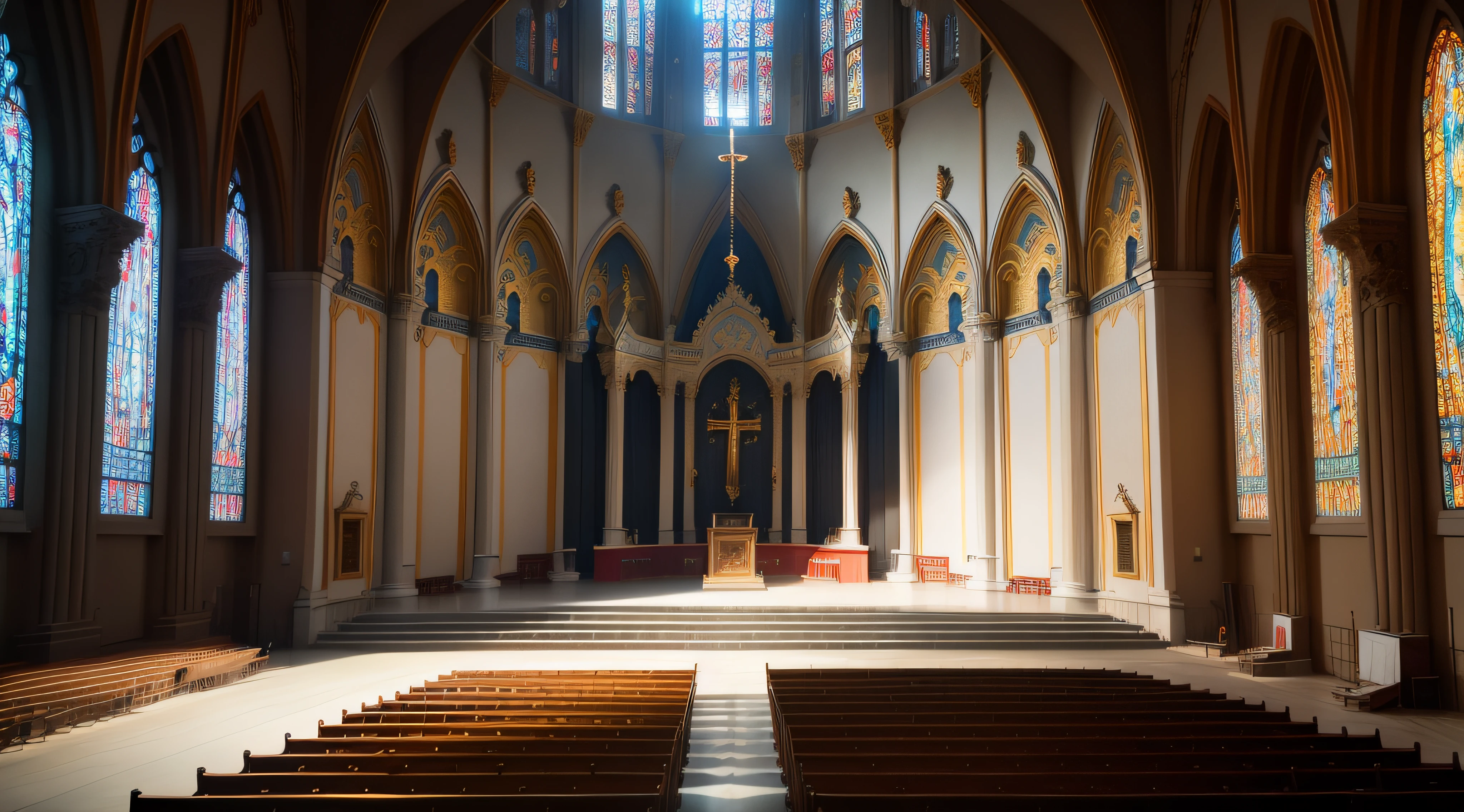 palco da igreja, jesus ensinado os ouvintes da igreja, dramatic, realista, detalhado