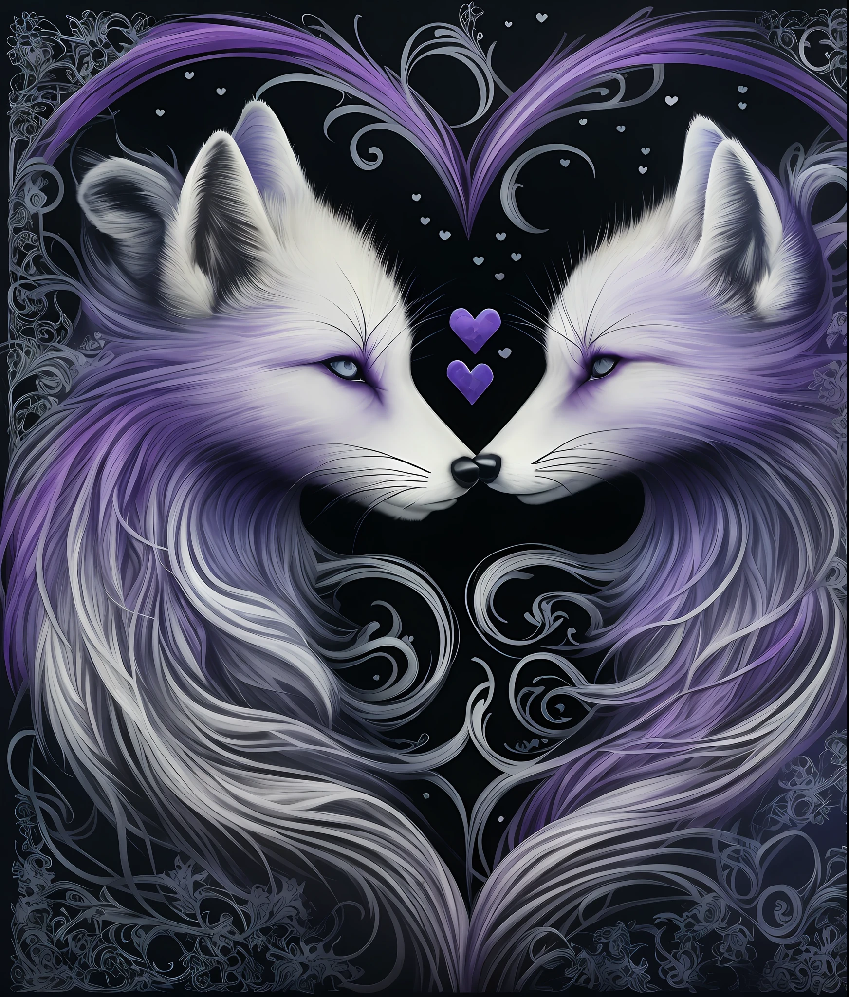 a painting of two heart-shaped foxes with a black background, beautiful gemini good and evil, demi-fox, purple and white, violet et blanc uniquement, symmetric!!, Amazing art, Photo de profil, Ying et Yang, Bel art, duality, couleurs dominantes wihte et purple