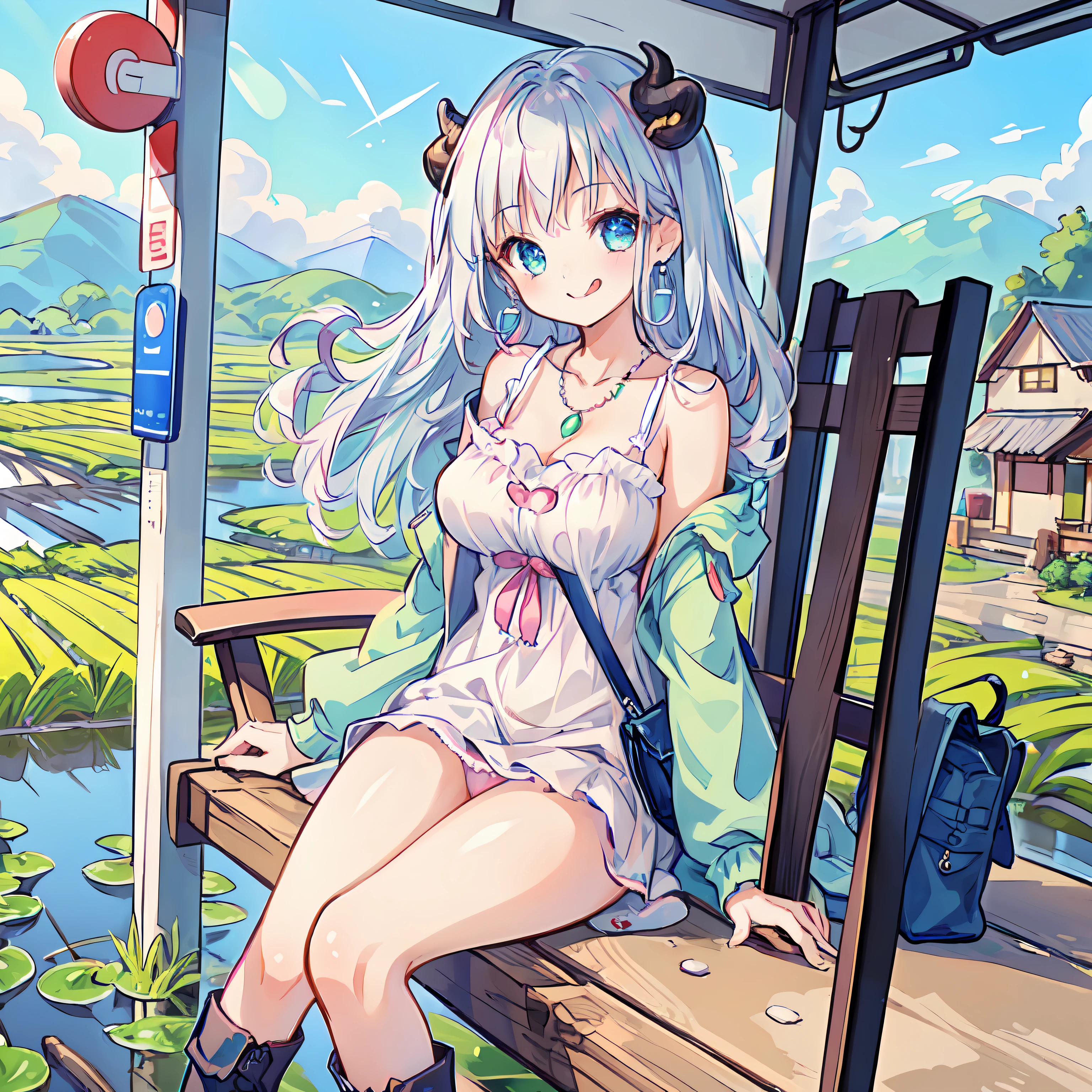 (Highly detailed CG Unity 8k wallpaper), (Best Quality), (Super Detail), (Best Illustration), (Best Shadow), POV, Realistic lighting and shading, Natural light, Lens flare effect, BREAK, 1 beautiful woman, Solo,(Cute:1.5),(kawaii:1.5),(Lori:0.5), BREAK, ((girl, Older sister, Unclear, Beautiful face of Japan, super gigantic breast,(Silvery hair,Long curled hair,Deco),(A detailed eye,Tsuriformes:1.2), gleaming skin, Stuffed cow,BREAK,(Shoulder bag:1.2), (Fringe jacket, denim dress, cowboy boots:1.2), (ox’s horn:1.0), (Red high heels:1.0), (Earrings in the shape of a moon:1.1), (Prayer Bead Necklace:1.3), (evil smile,sticking out the tongue:1.1),BREAK, (countryside,Rice field background:1.3), (Bus stop,Sitting on a chaise longue,Both legs are spread,Panties,Pubic hair is visible:1.3),(outside of house:1.5),